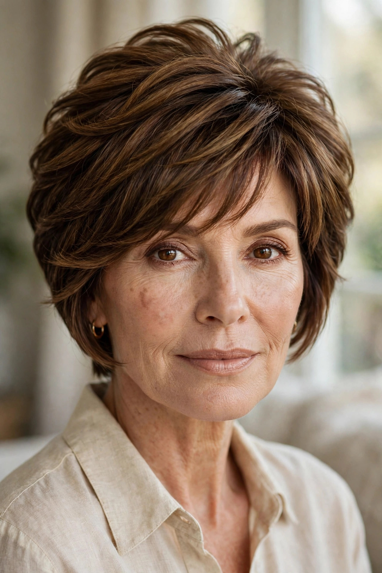 Woman in her 50s with a warm brunette stacked pixie bob