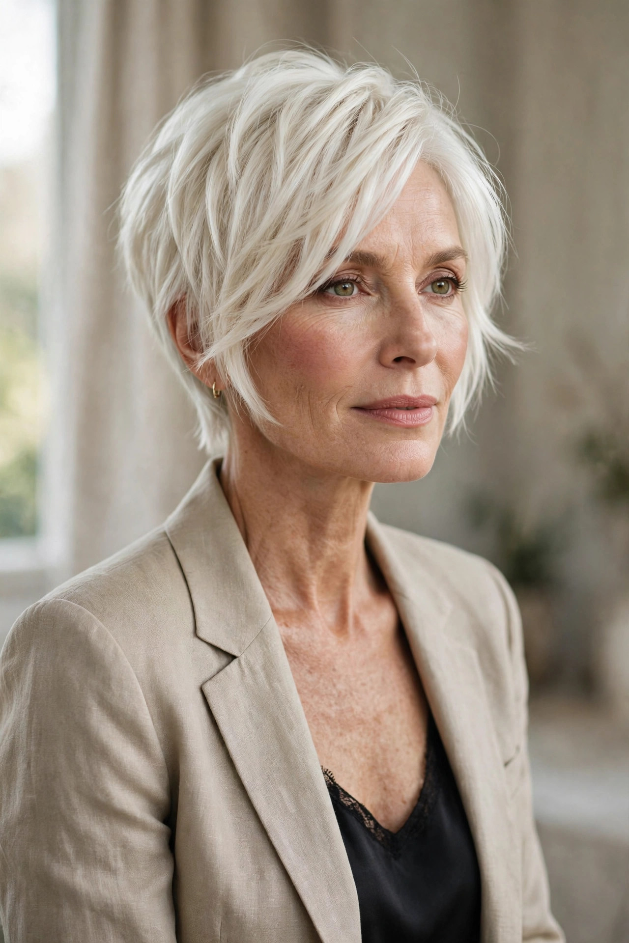 Woman in her 50s with a platinum piecey pixie bob