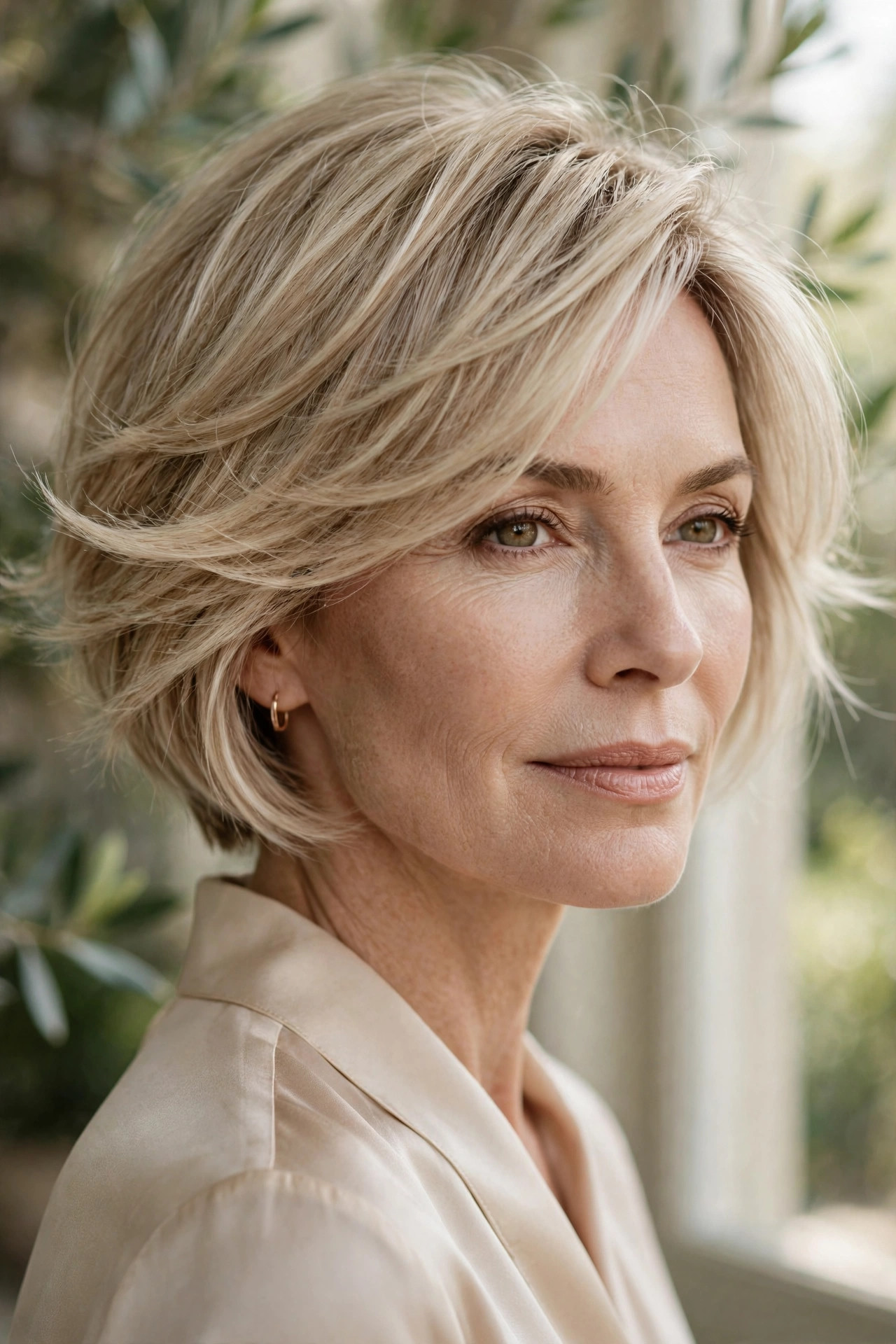Woman in her 50s with a champagne layered pixie bob