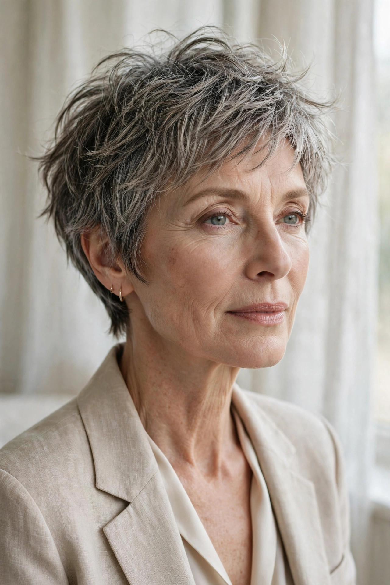 Woman in her 50s with a salt-and-pepper wispy pixie bob