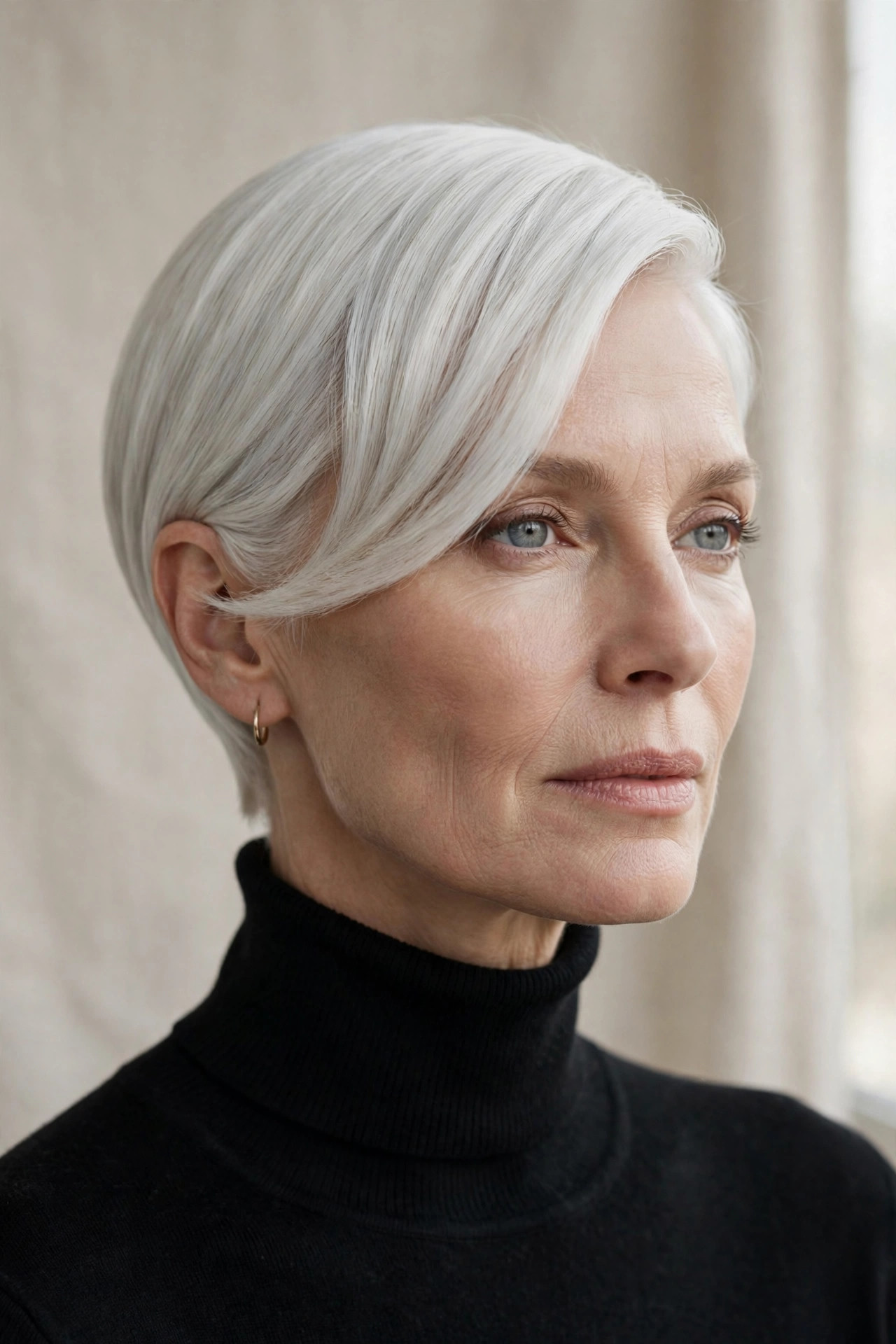 Woman in her 50s with an icy white smooth pixie bob