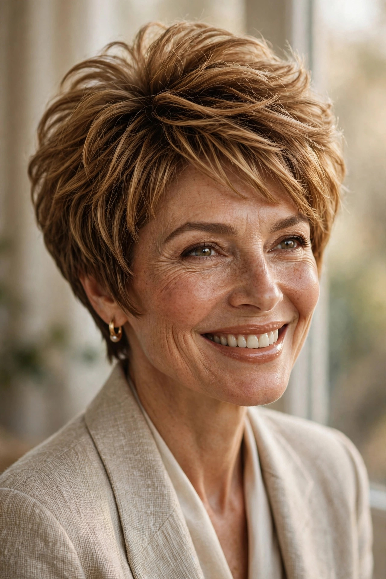 Woman in her 50s with a butterscotch voluminous pixie bob