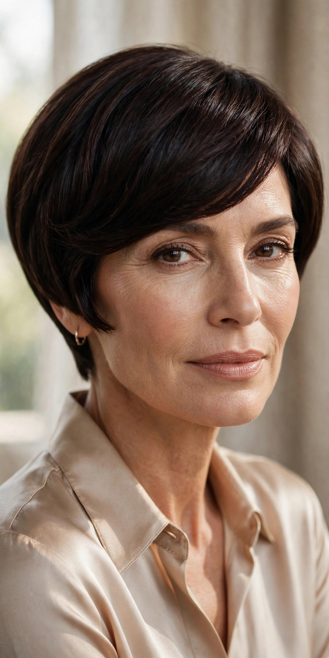 Woman in her 50s with an espresso polished pixie bob
