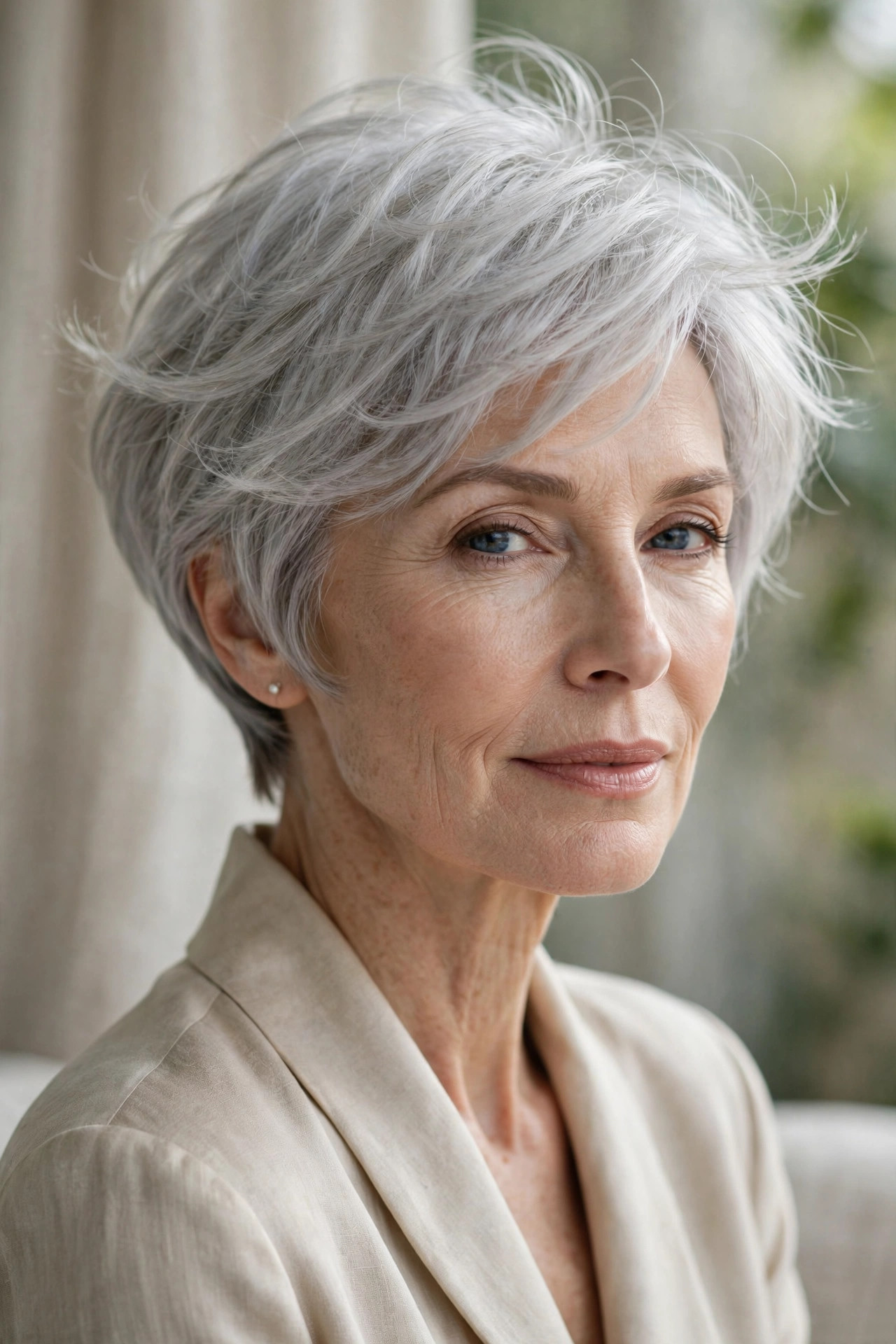 Woman in her 50s with a pearl gray airy pixie bob