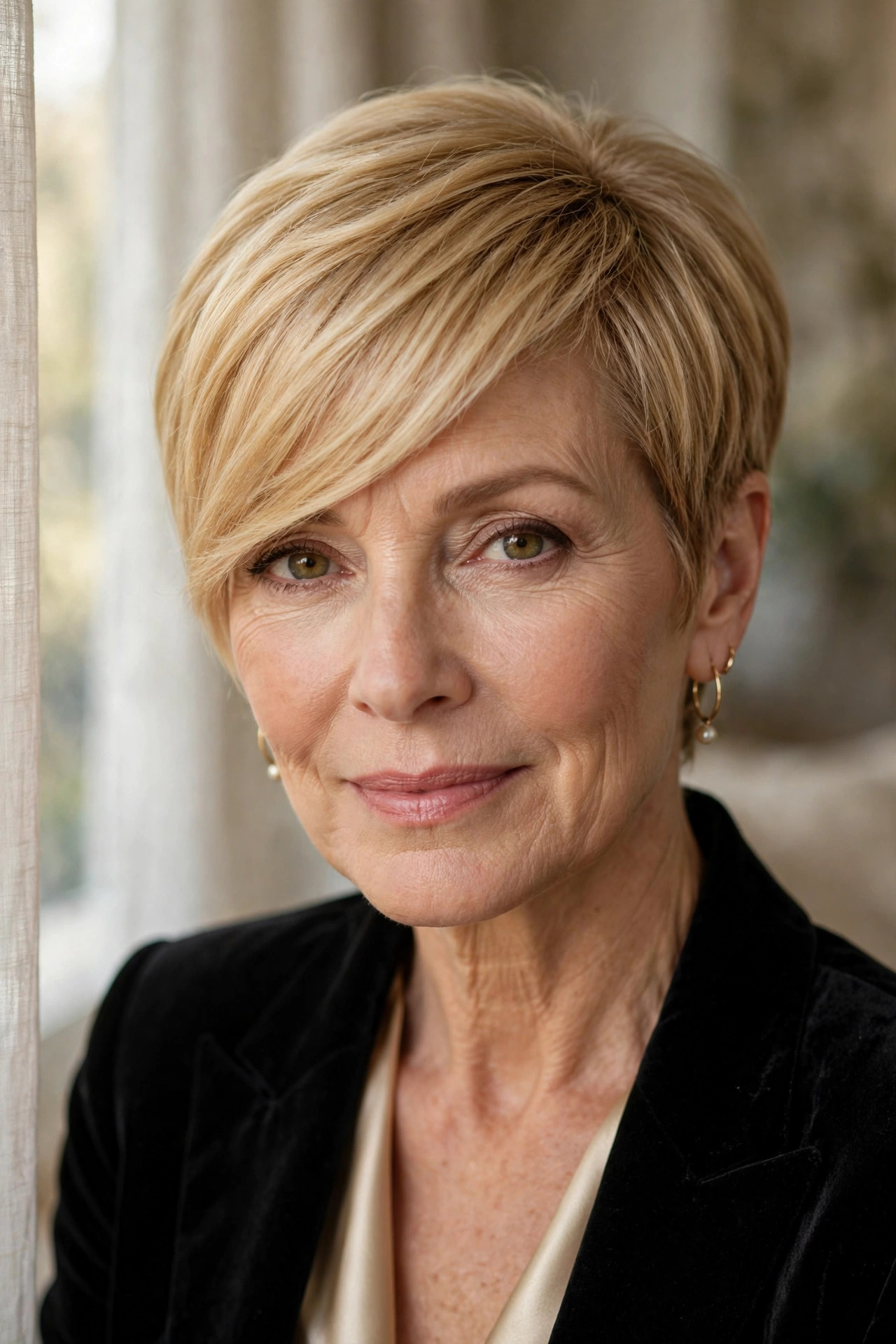 Woman in her 50s with a golden blonde side-swept pixie bob