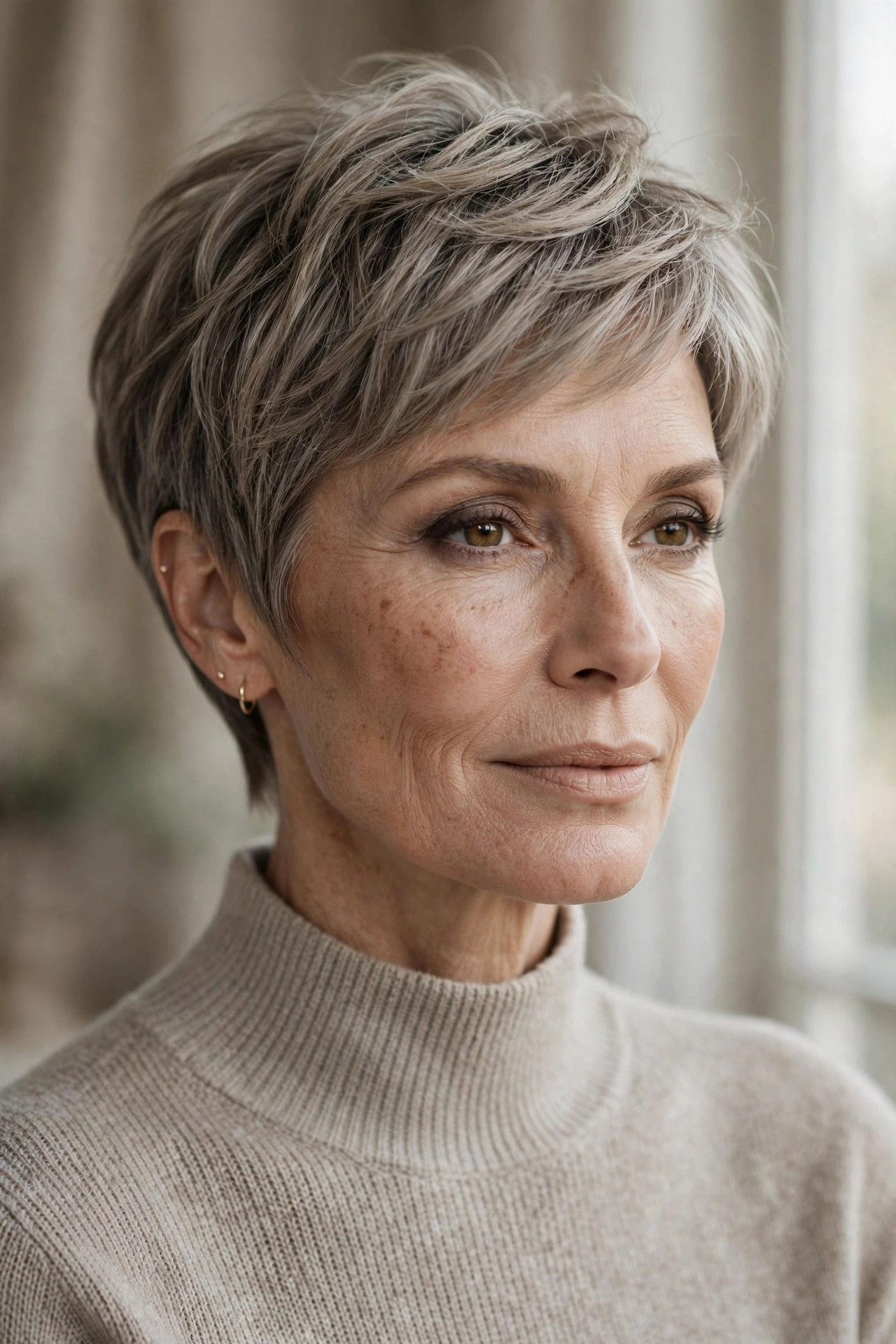 Woman in her 50s with a smoky taupe pixie bob
