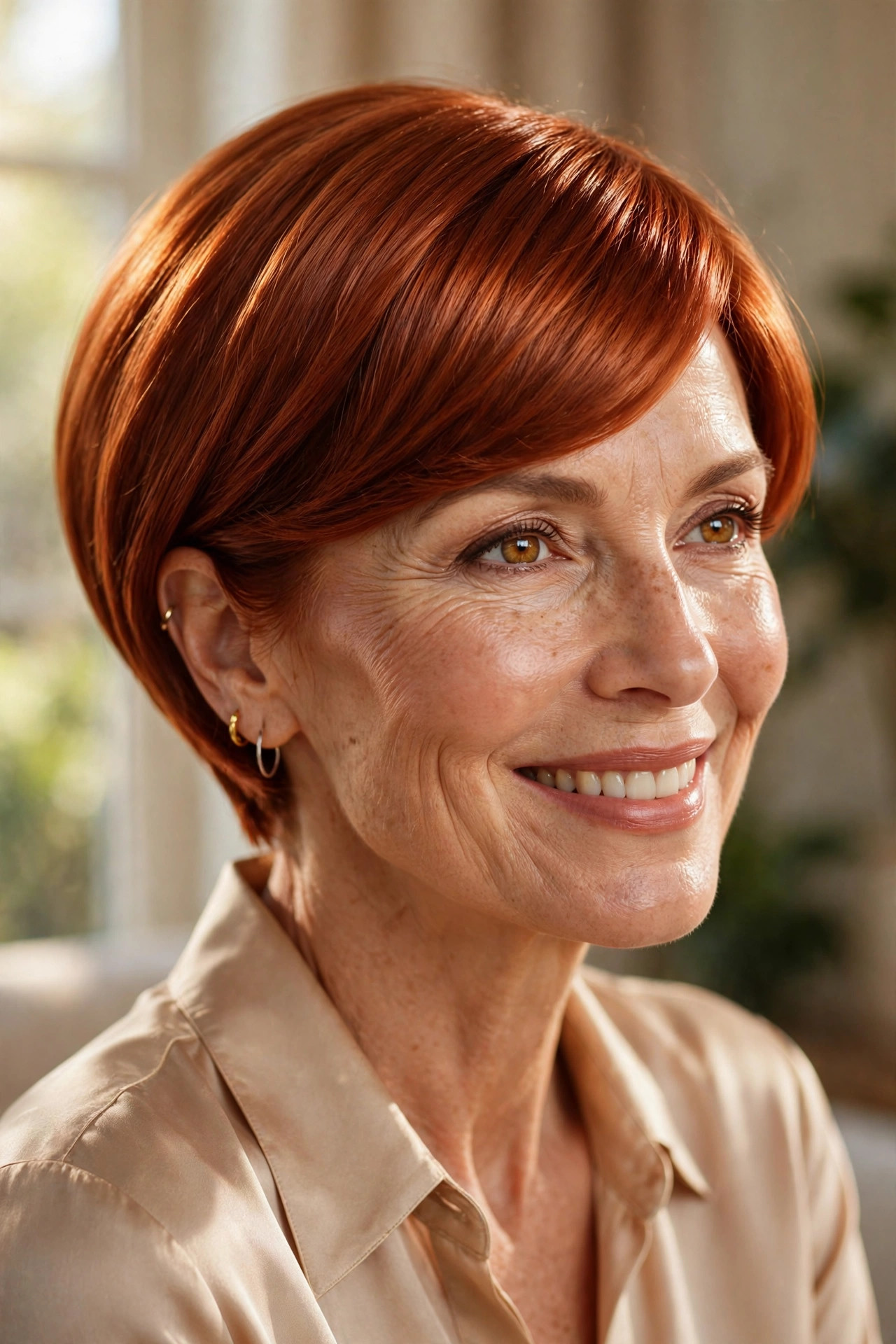 Woman in her 50s with a copper shine pixie bob