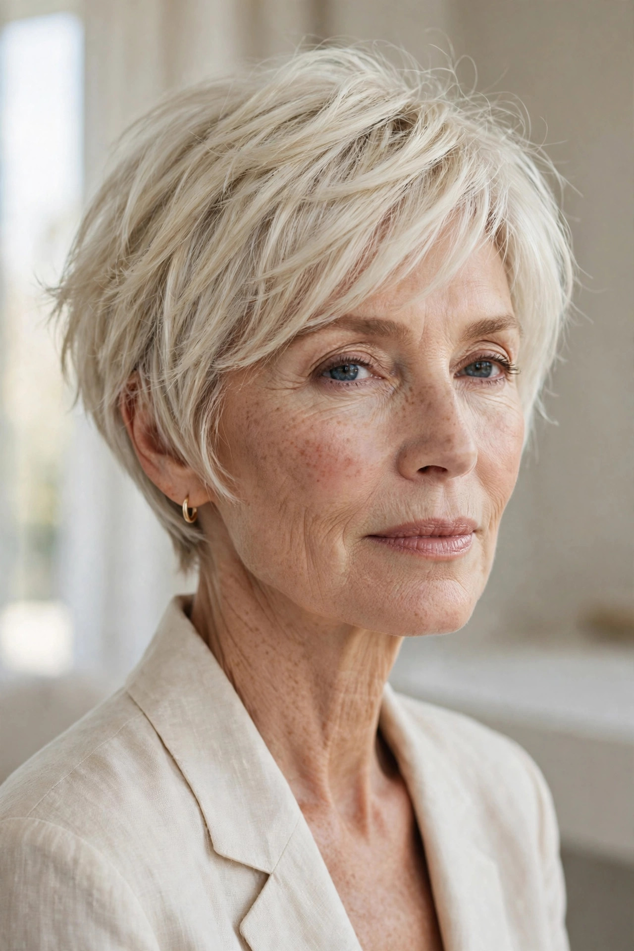 Woman in her 50s with a vanilla bean pixie bob
