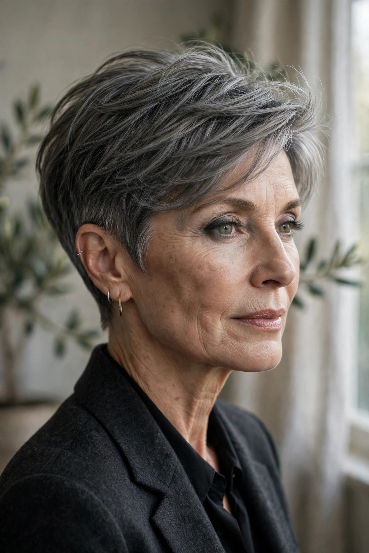 Woman in her 50s with a graphite tapered pixie bob