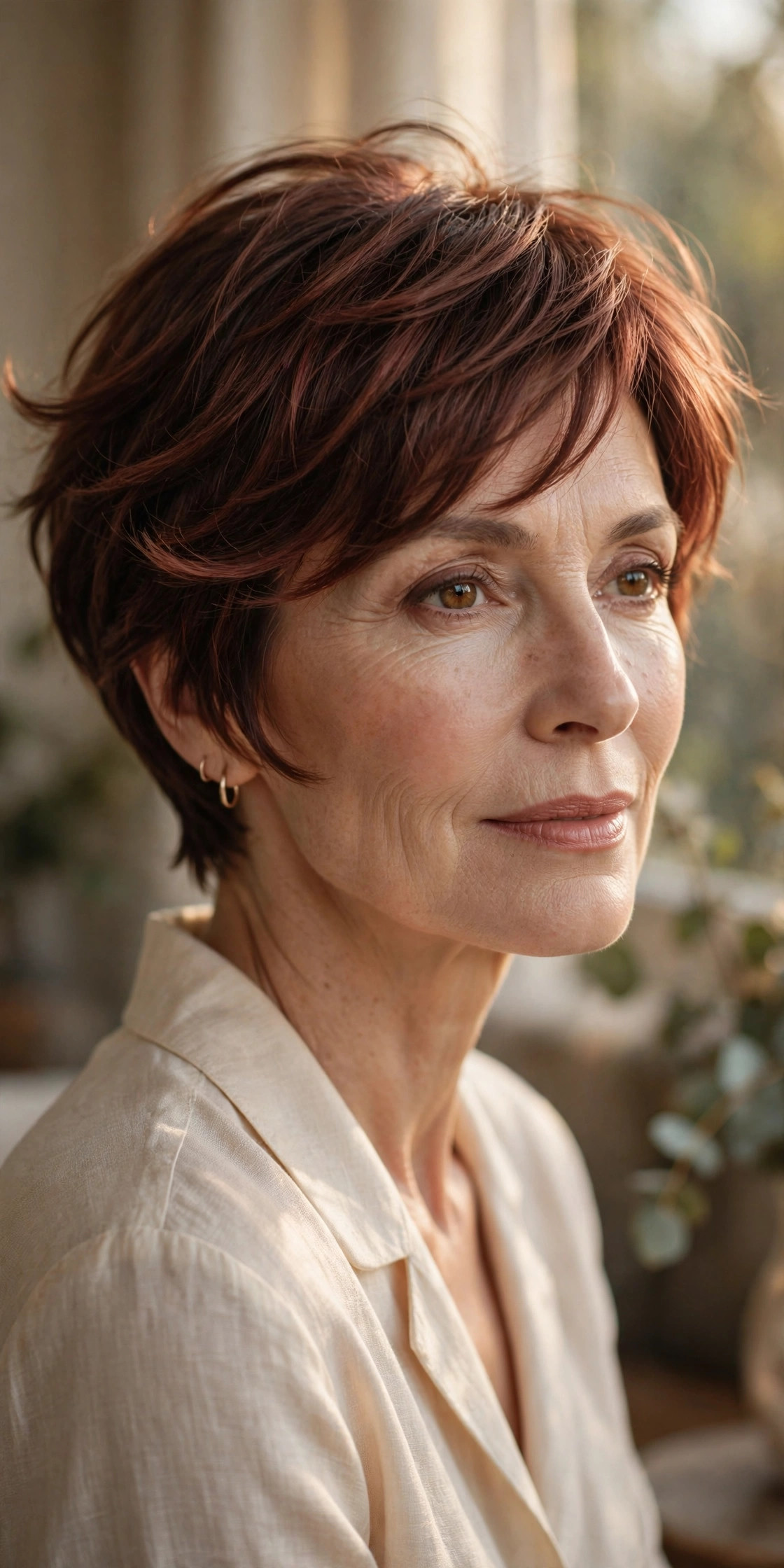 Woman in her 50s with a rosewood pixie bob
