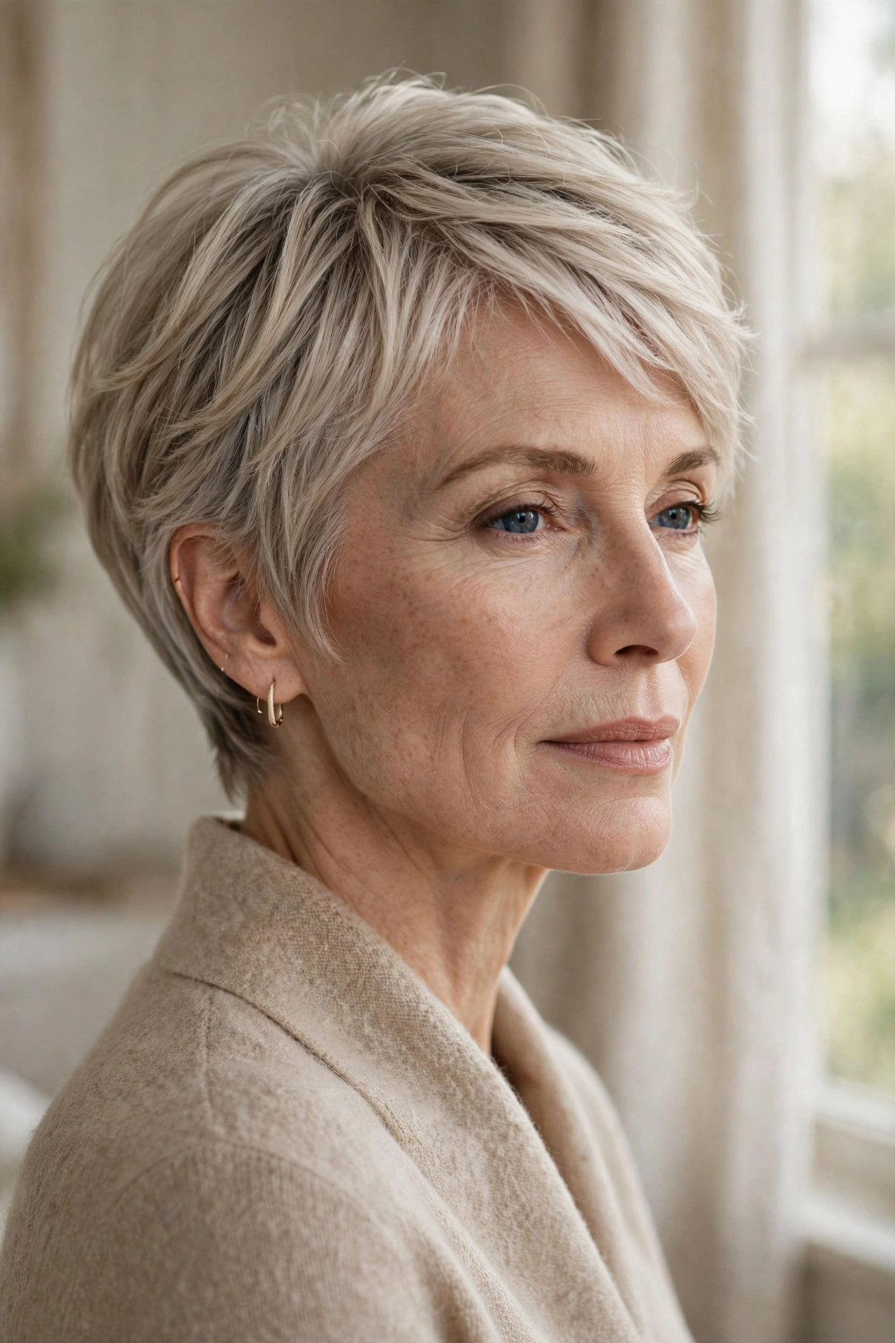 Woman in her 50s with a frosted beige pixie bob