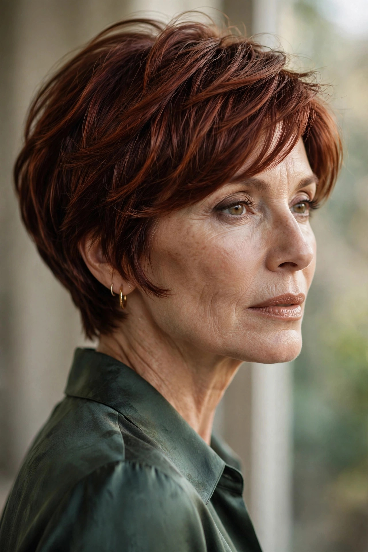 Woman in her 50s with a deep auburn pixie bob