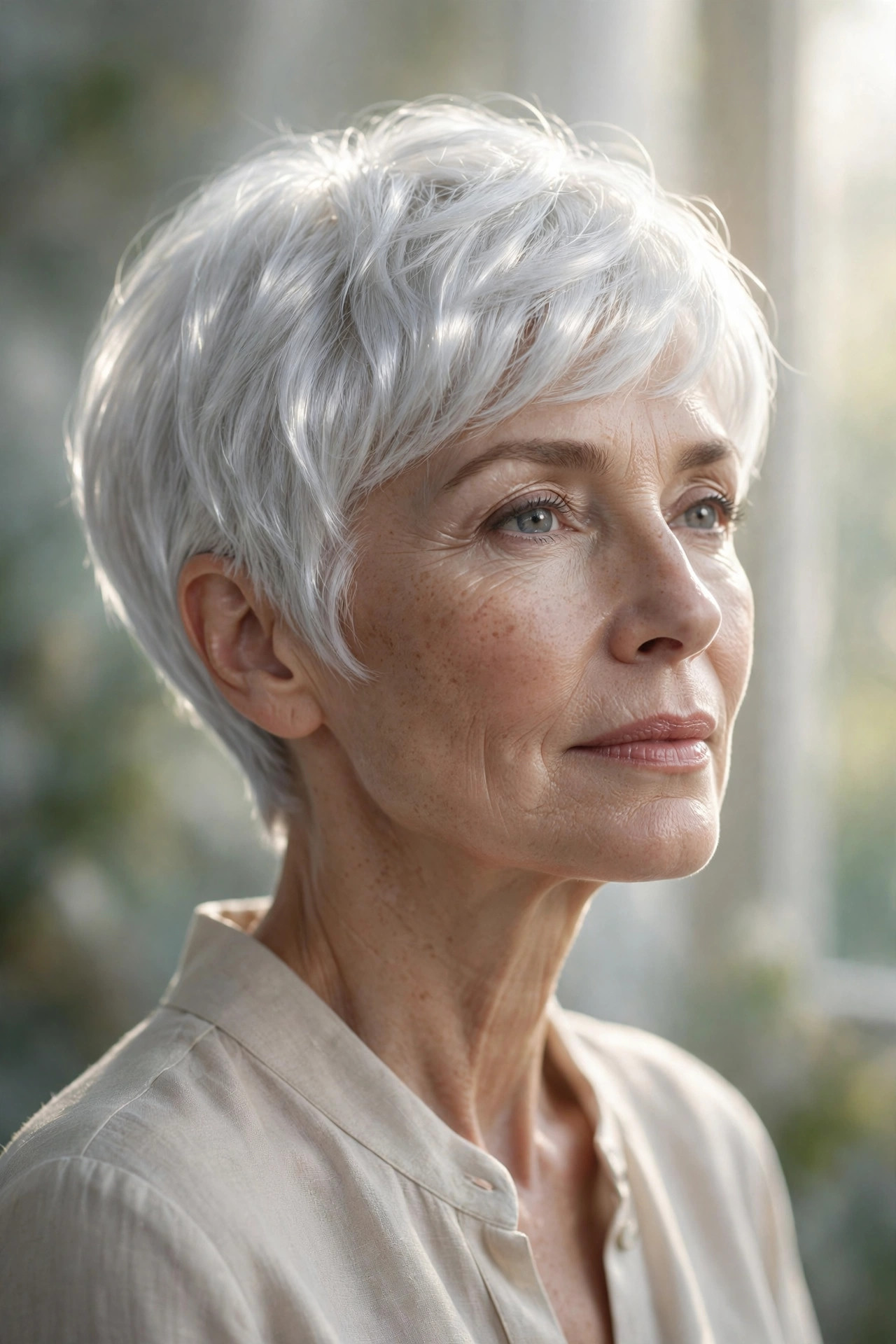 Woman in her 50s with a moonlight silver pixie bob