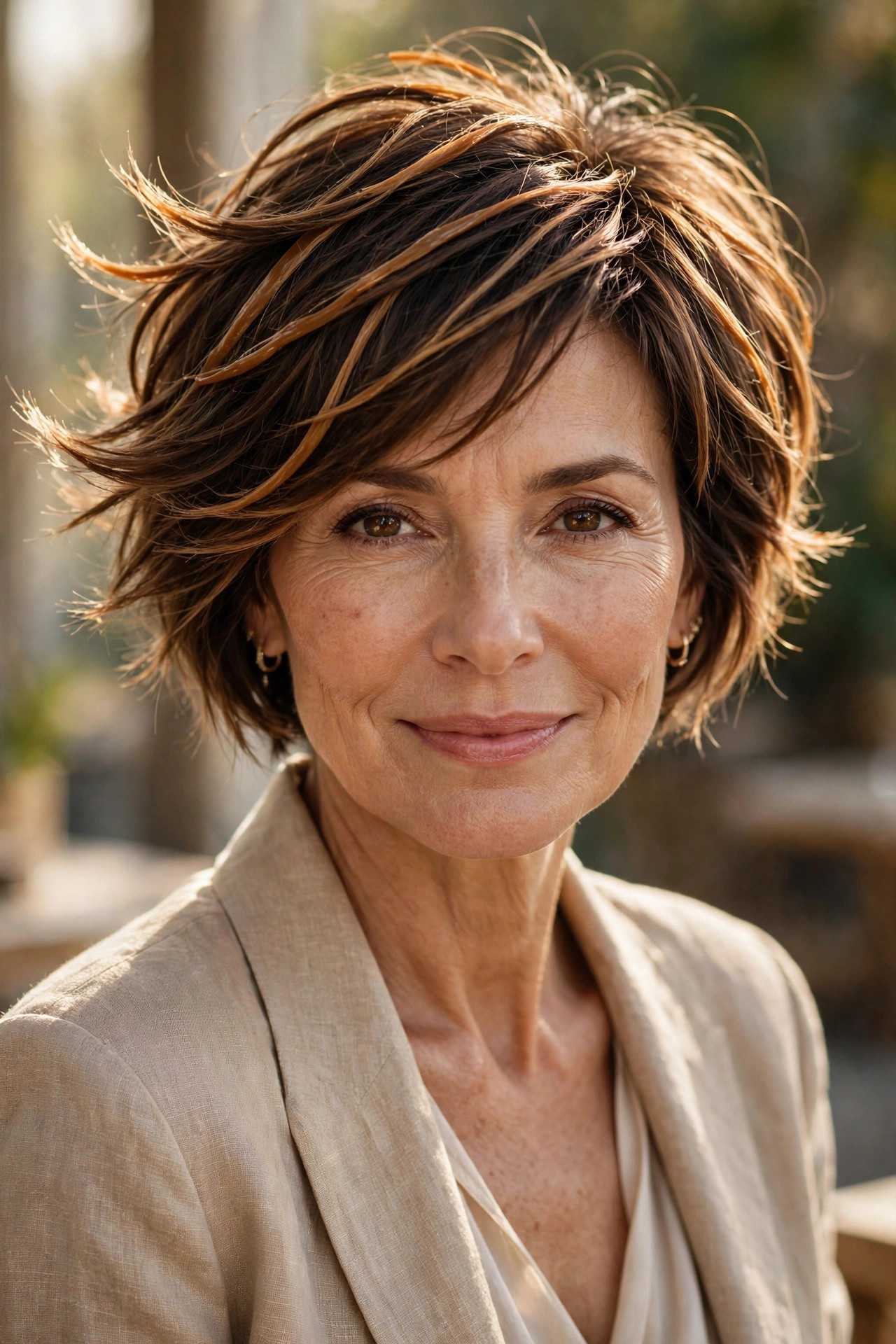 Woman in her 50s with a caramel drizzle pixie bob