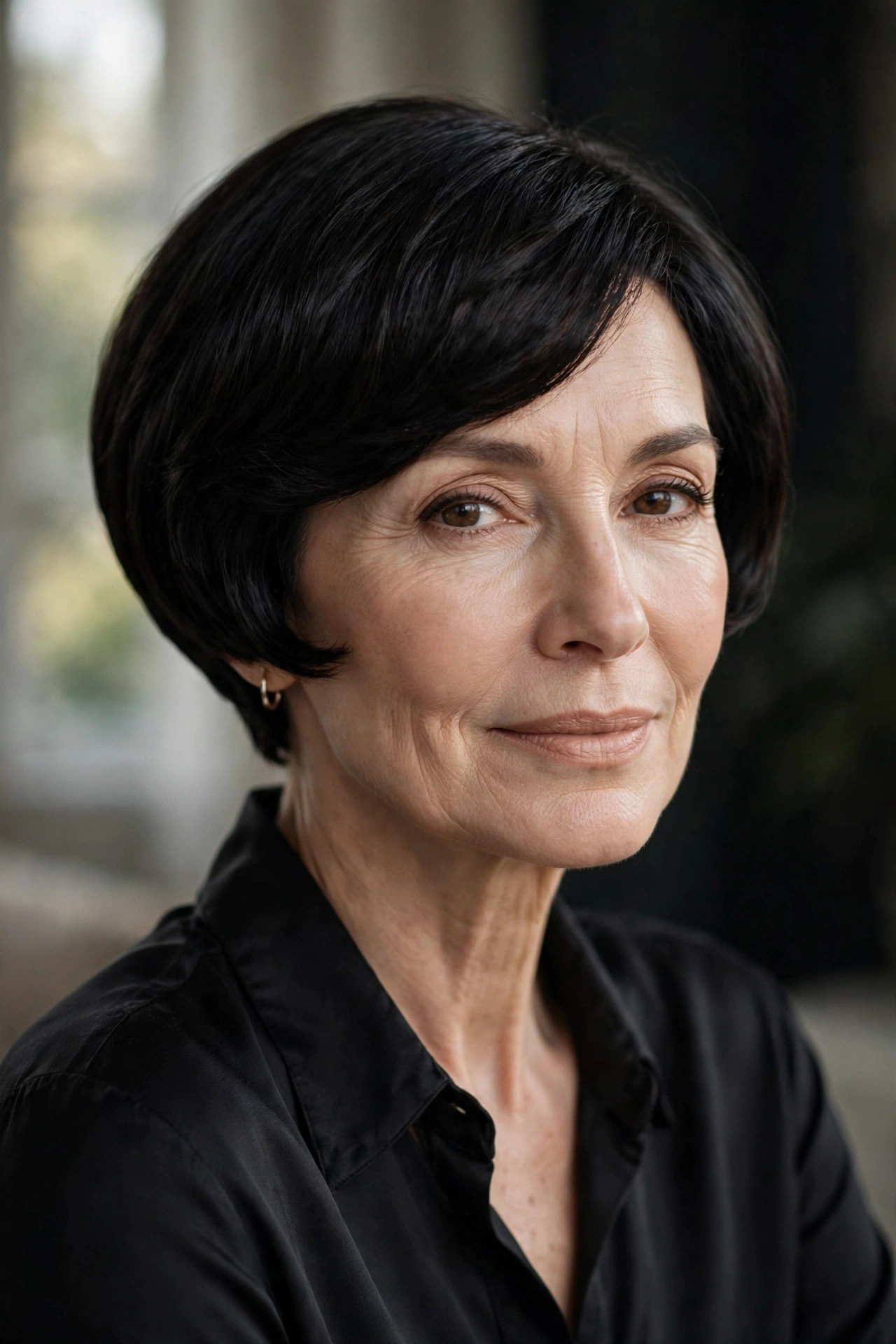 Woman in her 50s with a soft black rounded pixie bob
