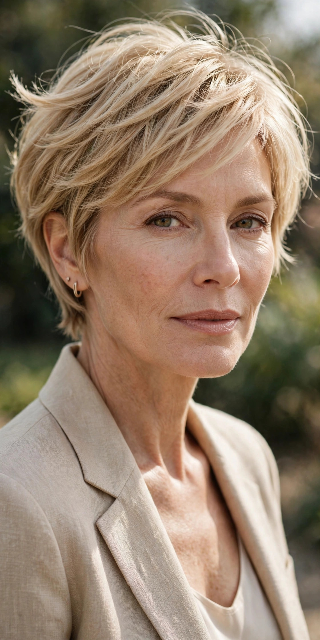 Woman in her 50s with a wheat blonde pixie bob