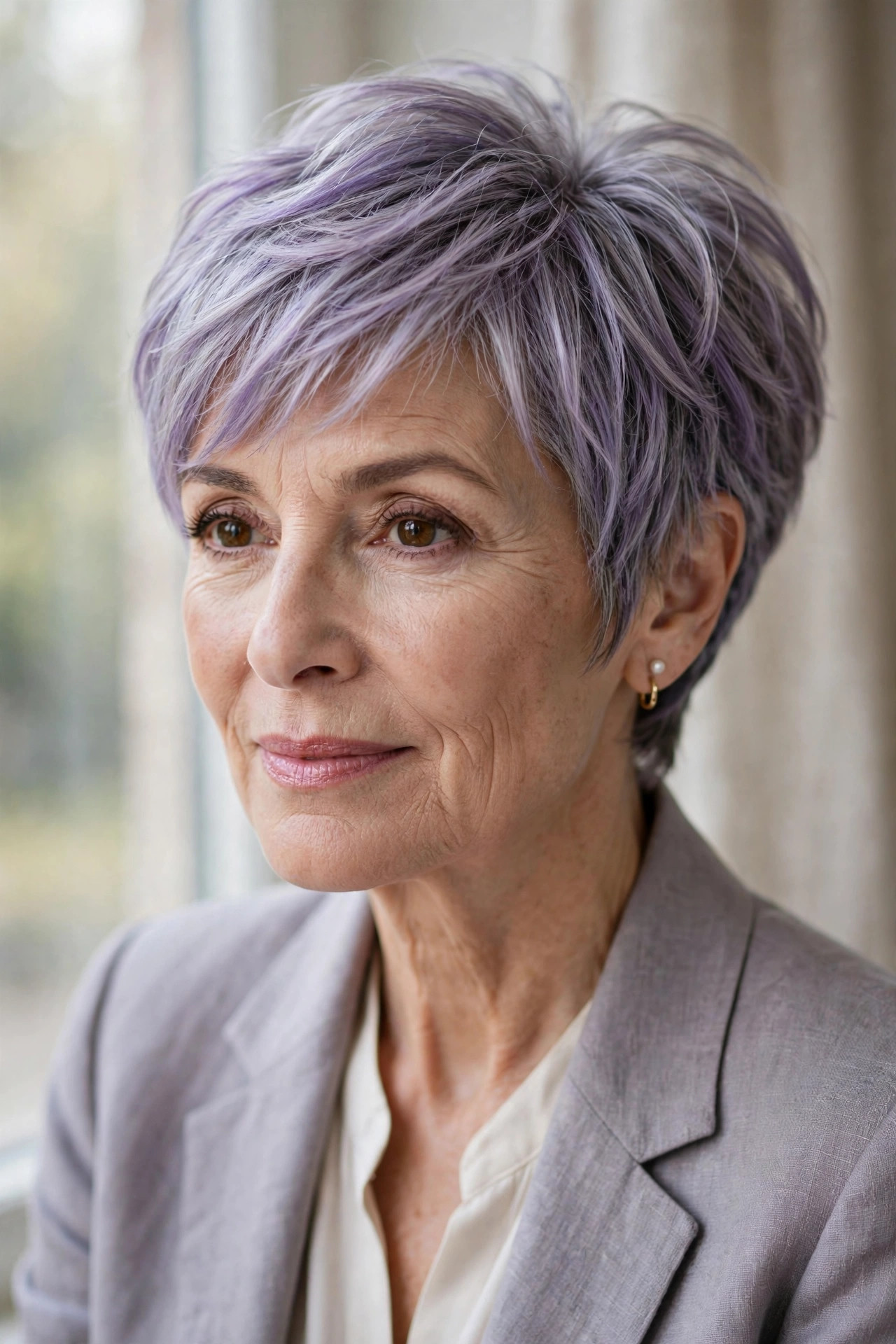 Woman in her 50s with a lilac gray pixie bob