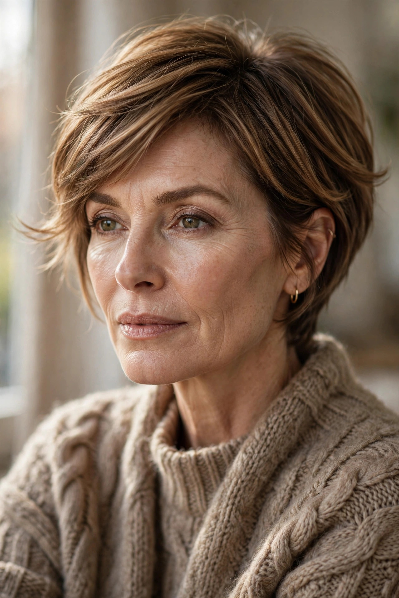 Woman in her 50s with a hazelnut layered pixie bob