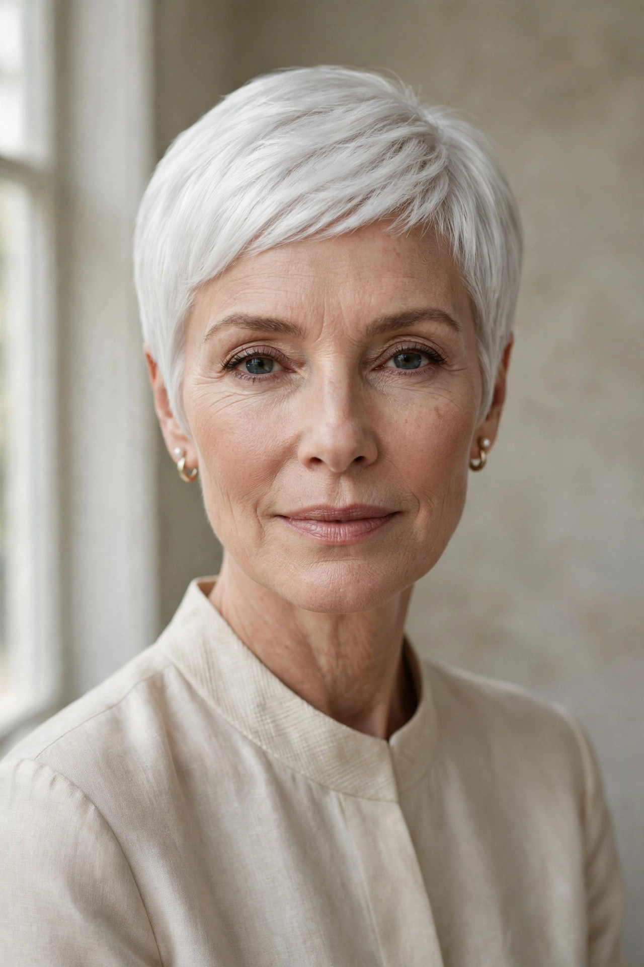 Woman in her 50s with a porcelain white pixie bob