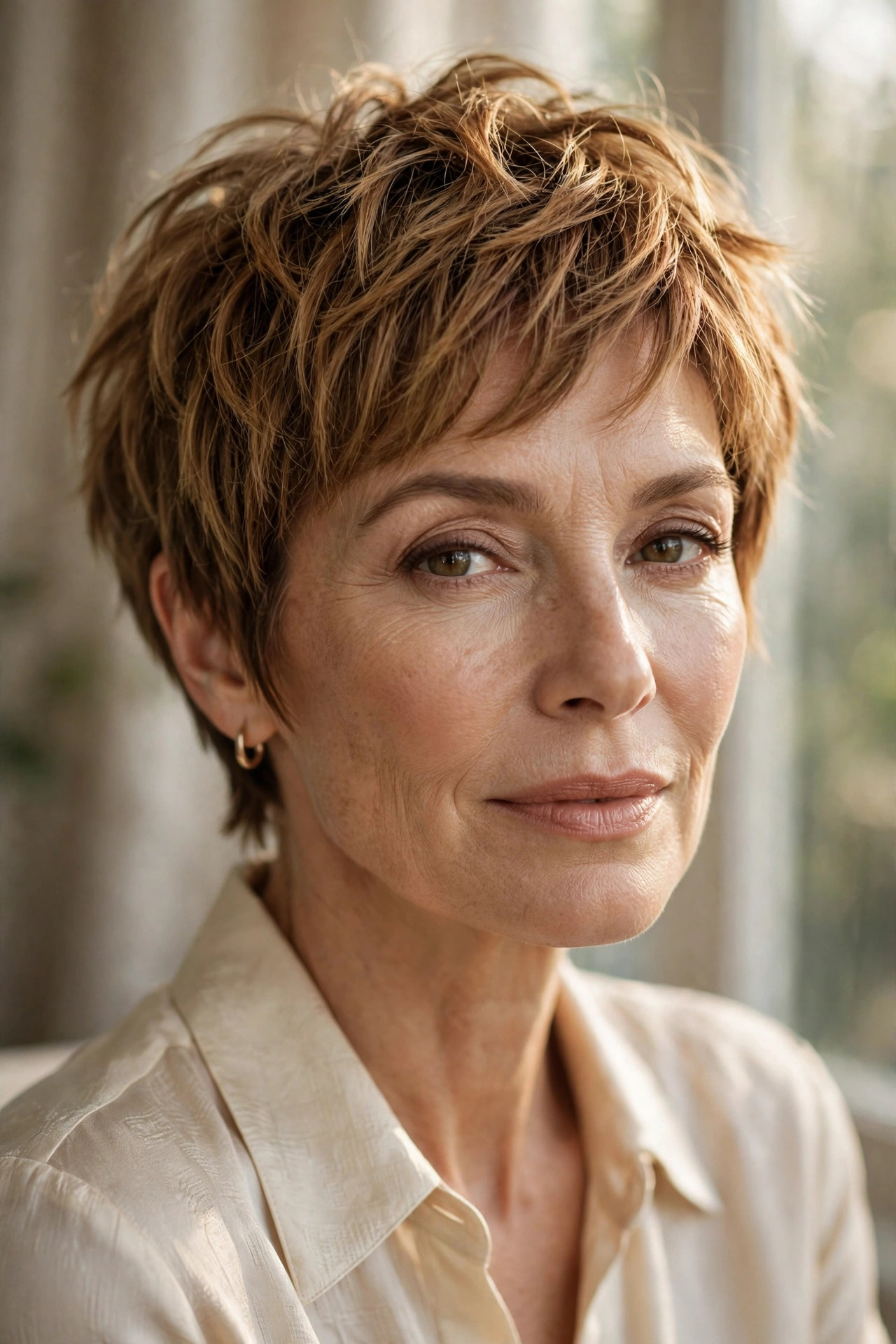Woman in her 50s with a toffee textured pixie bob