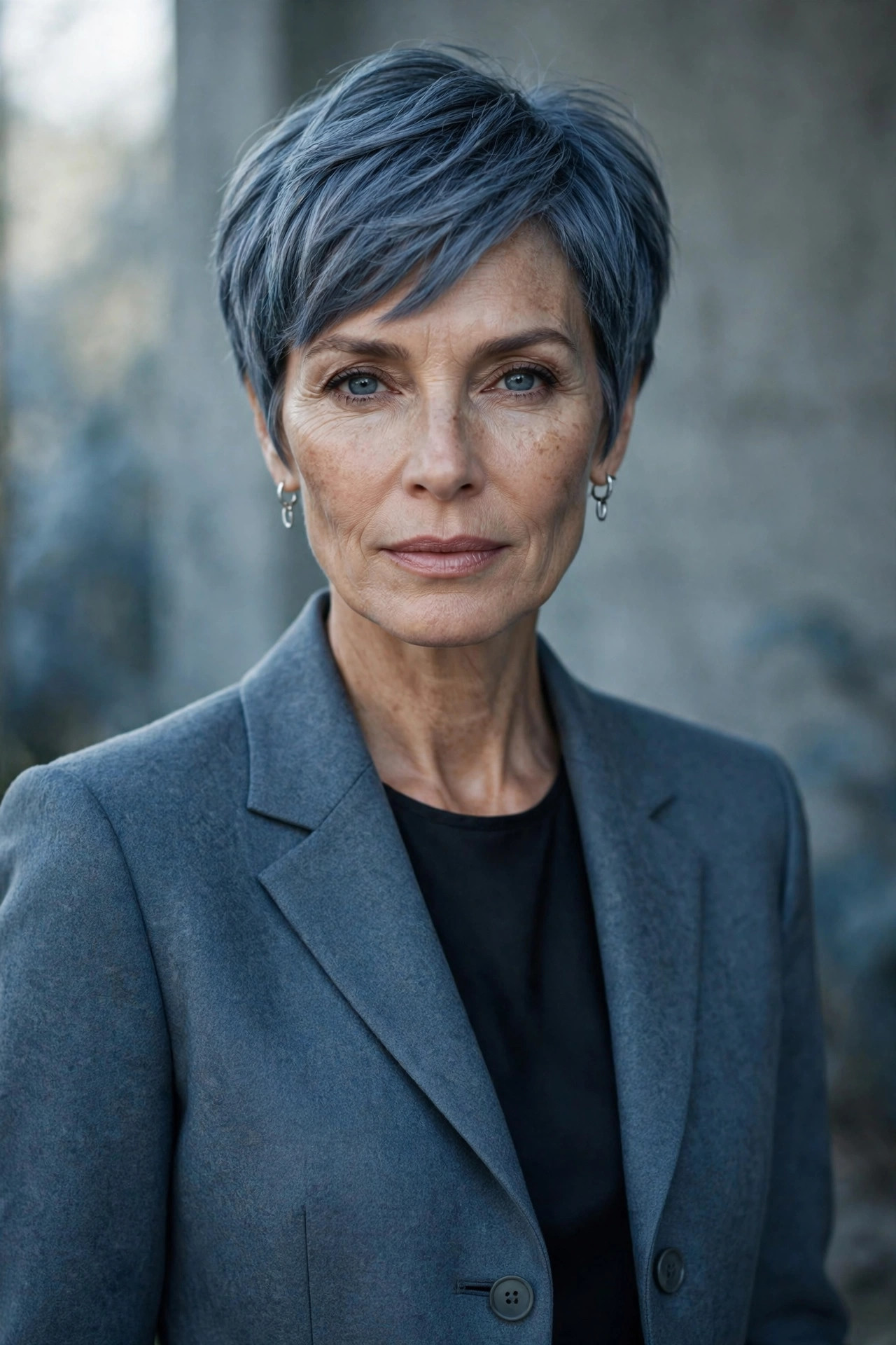 Woman in her 50s with a slate blue-gray pixie bob