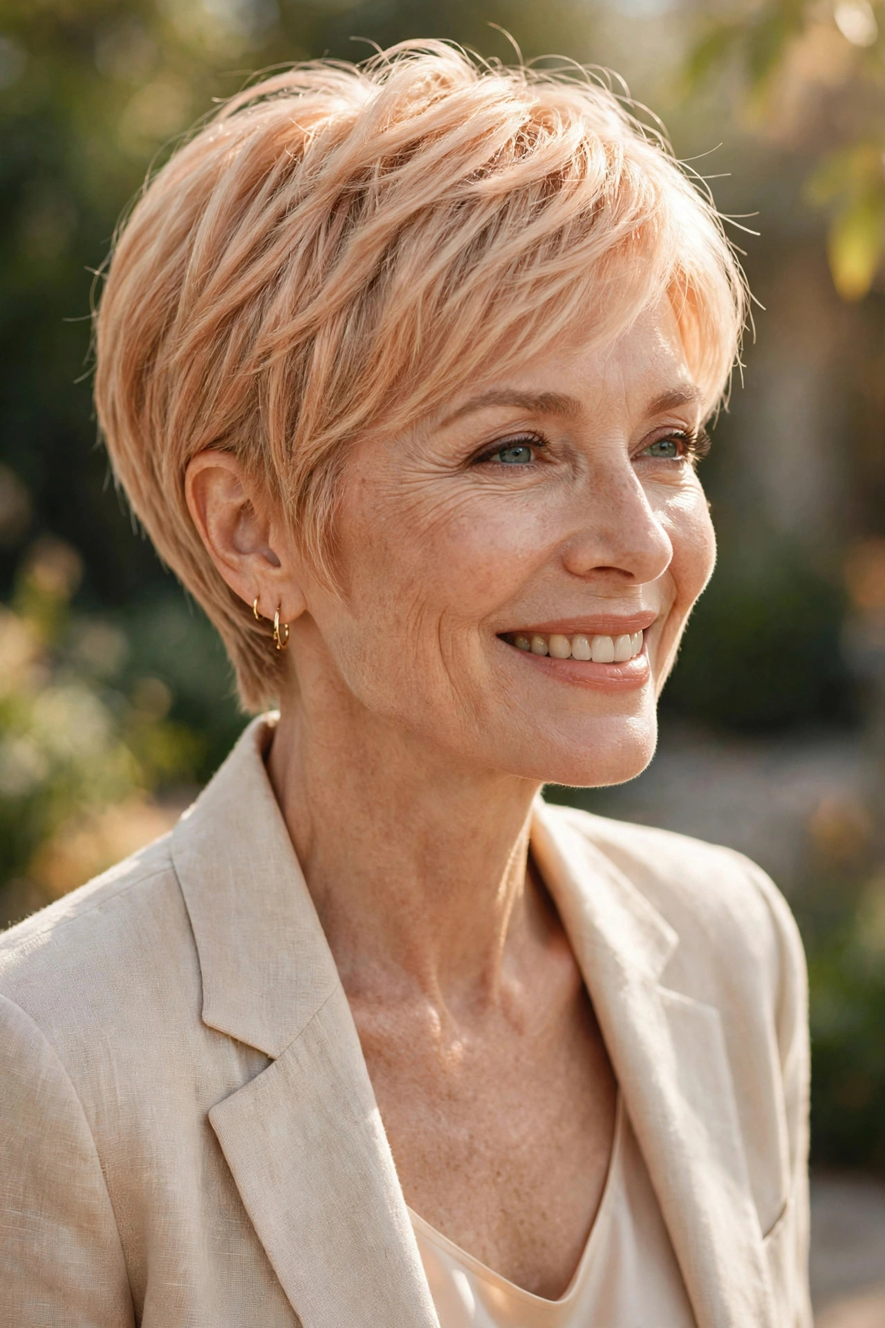 Woman in her 50s with an apricot blonde pixie bob