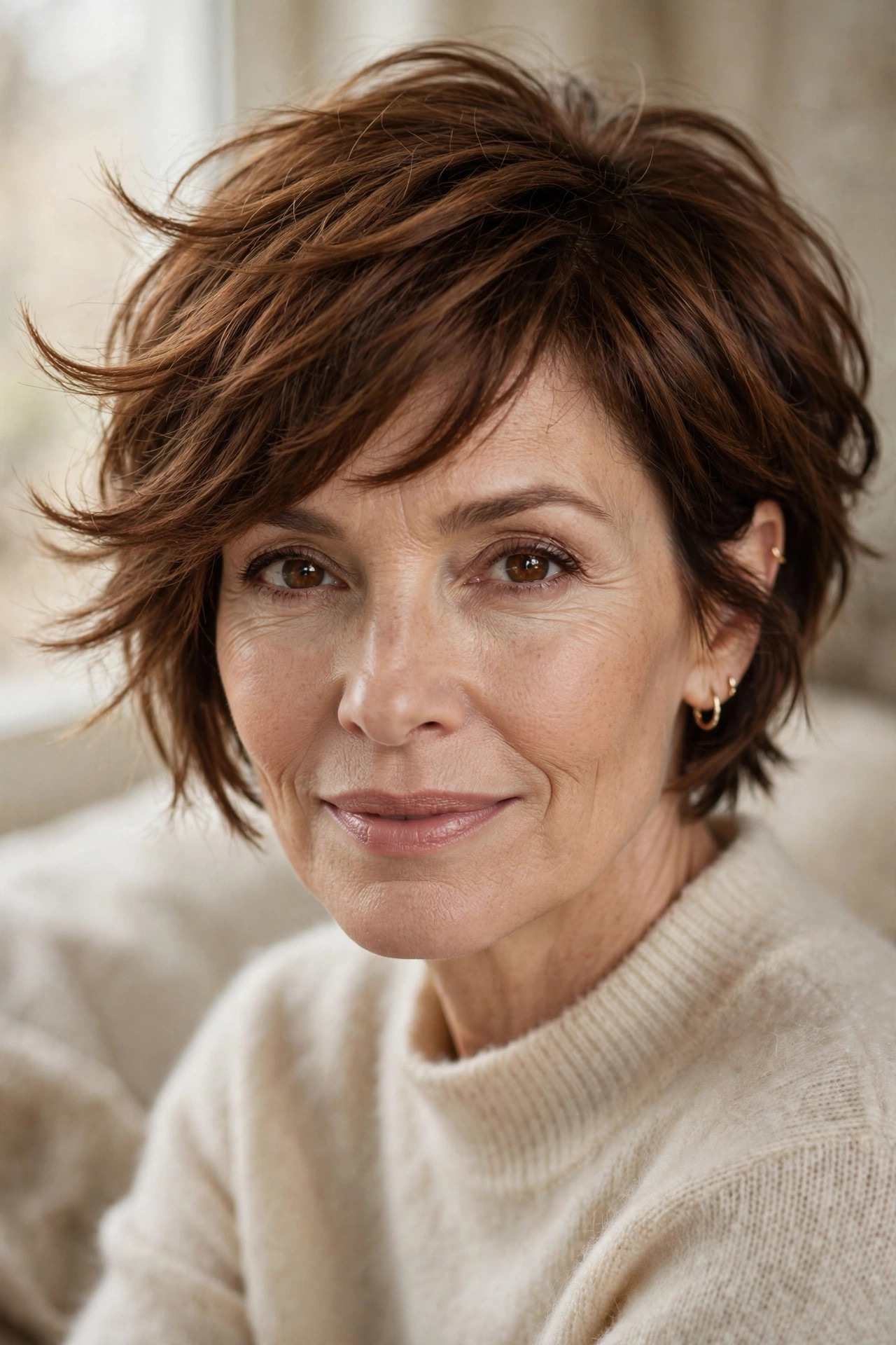 Woman in her 50s with a chestnut feathered pixie bob