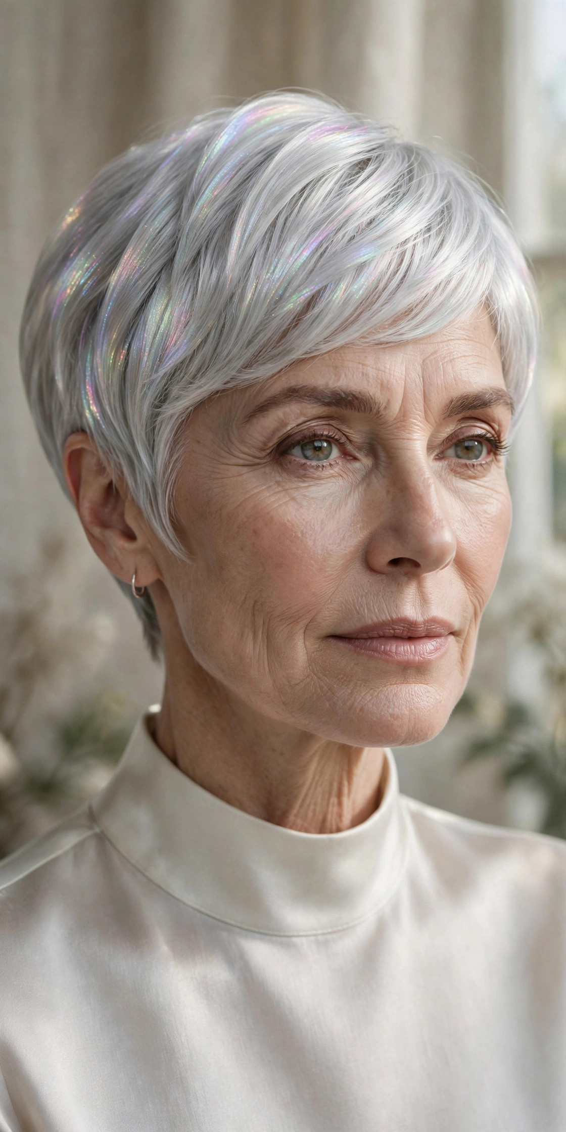 Woman in her 50s with an opal silver pixie bob