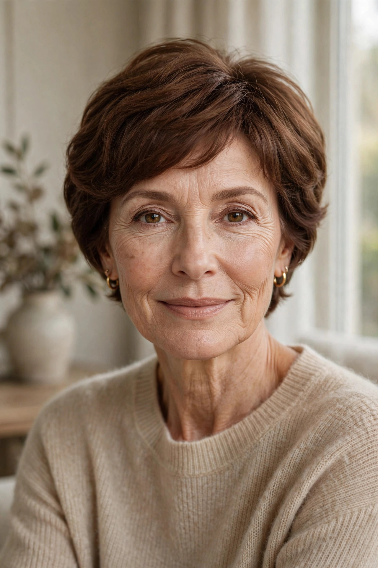 Woman in her 50s with a cocoa soft pixie bob