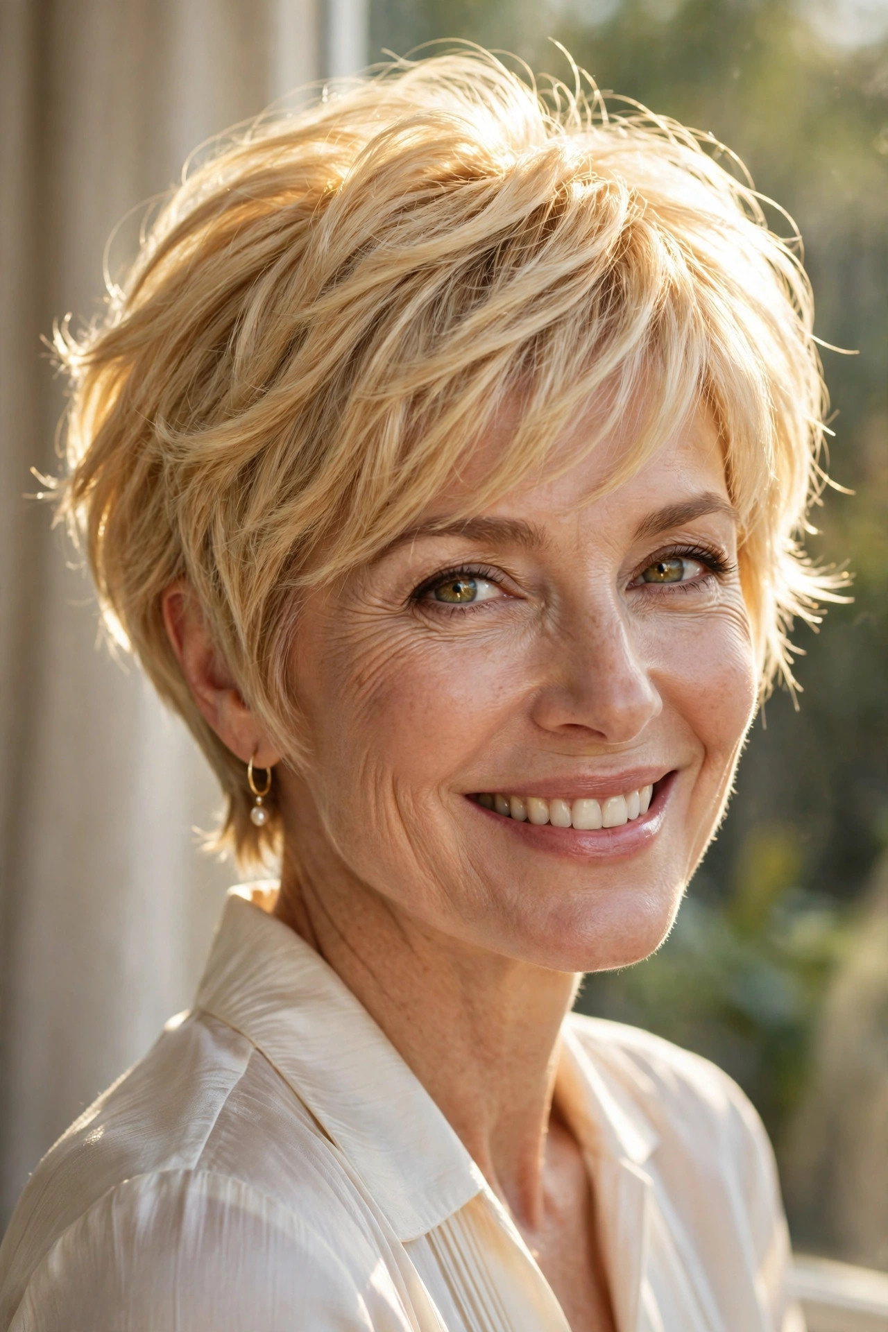 Woman in her 50s with a sunbeam blonde pixie bob