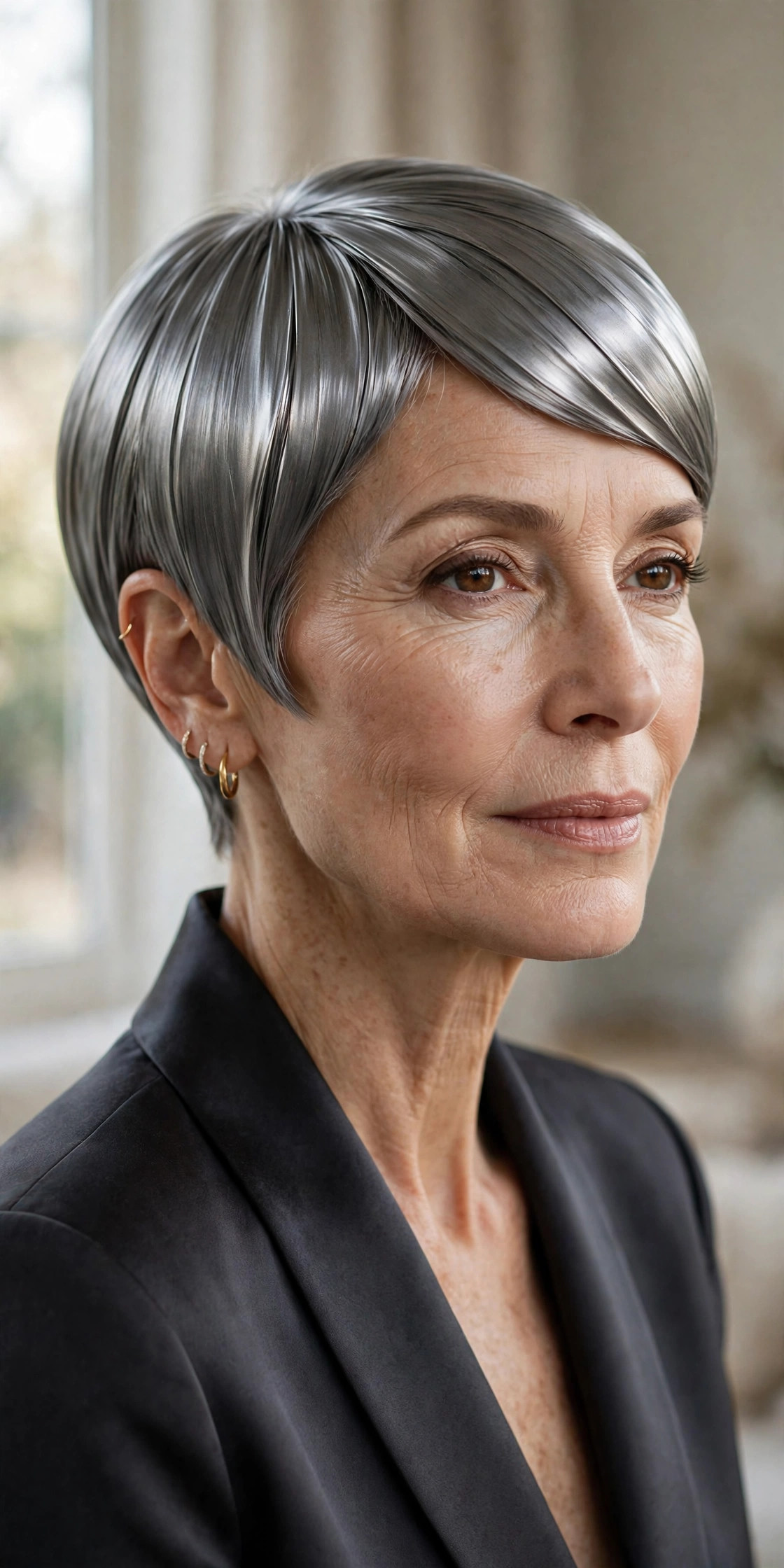 Woman in her 50s with a pewter polished pixie bob