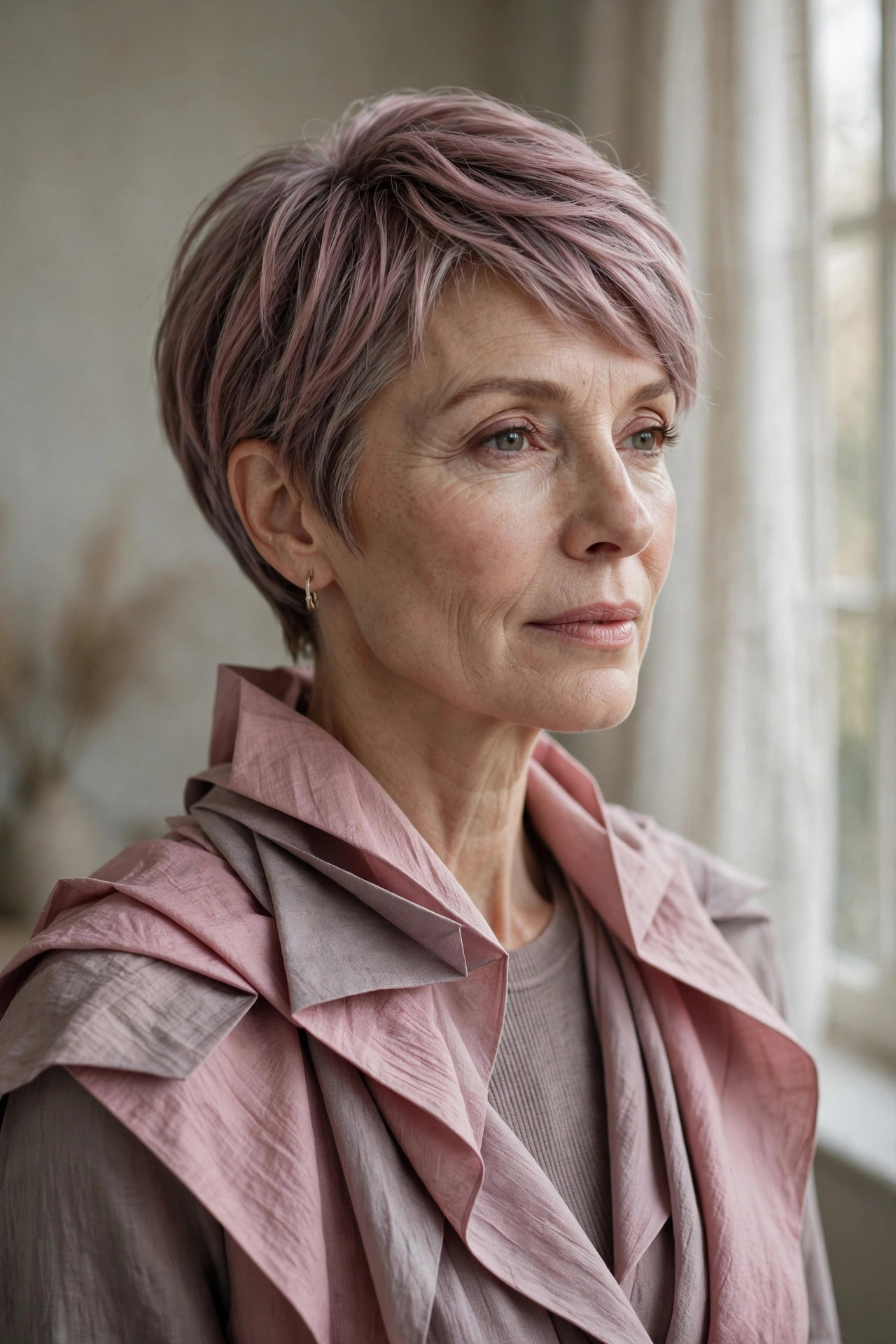 Woman in her 50s with a mauve-tinted pixie bob