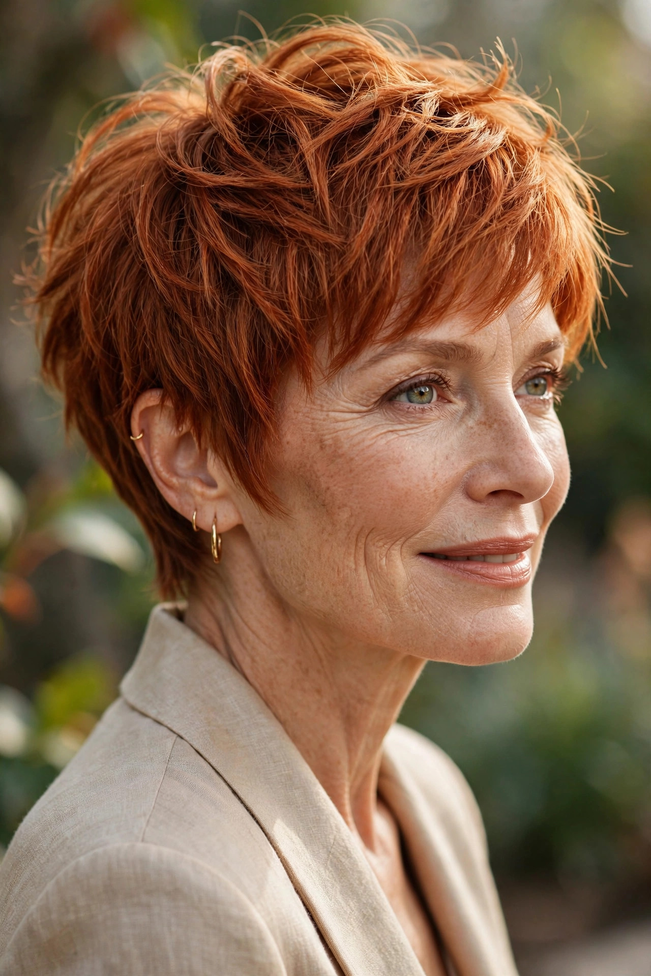Woman in her 50s with a ginger glow pixie bob