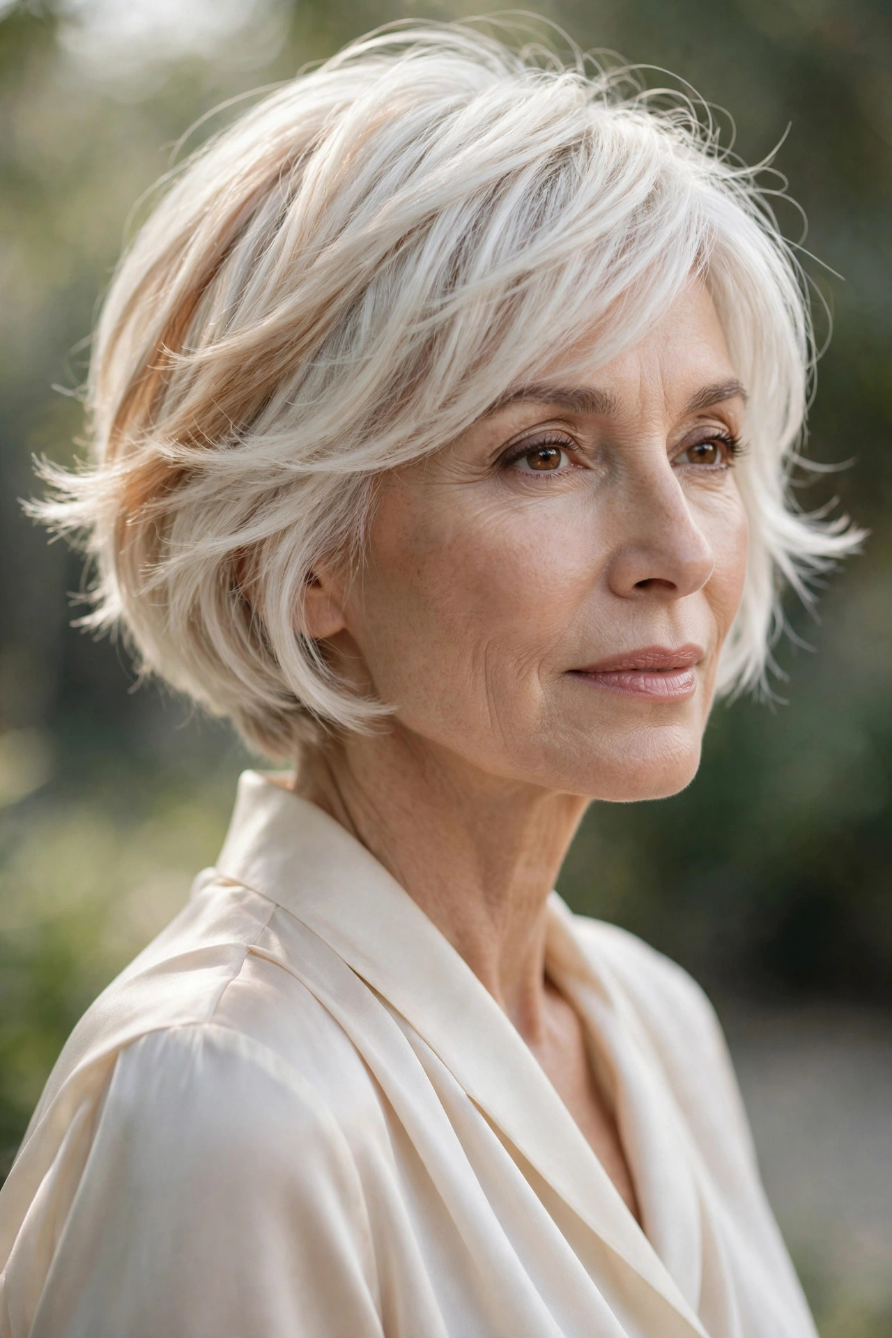 Woman in her 50s with an ivory layered pixie bob