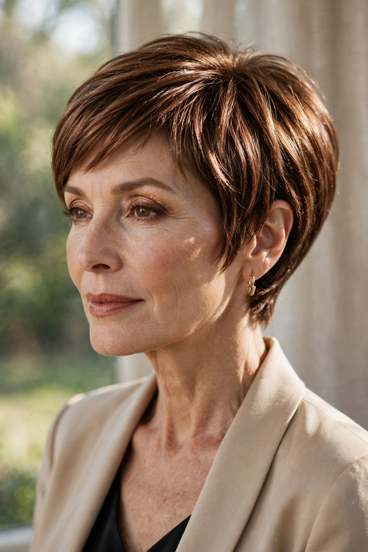 Woman in her 50s with a bronze shimmer pixie bob