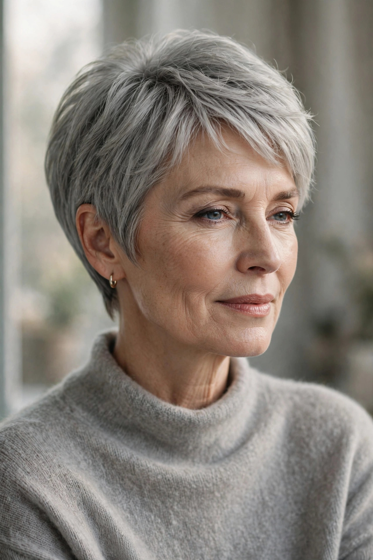 Woman in her 50s with a dove gray pixie bob