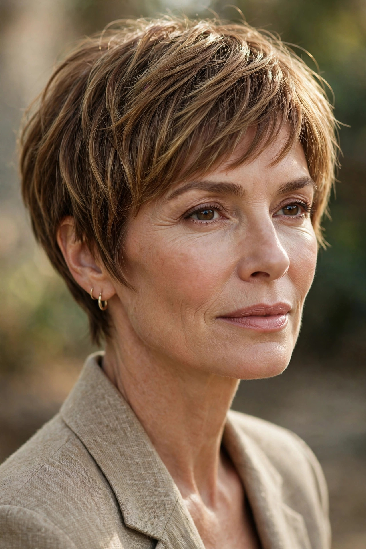 Woman in her 50s with a sandalwood pixie bob