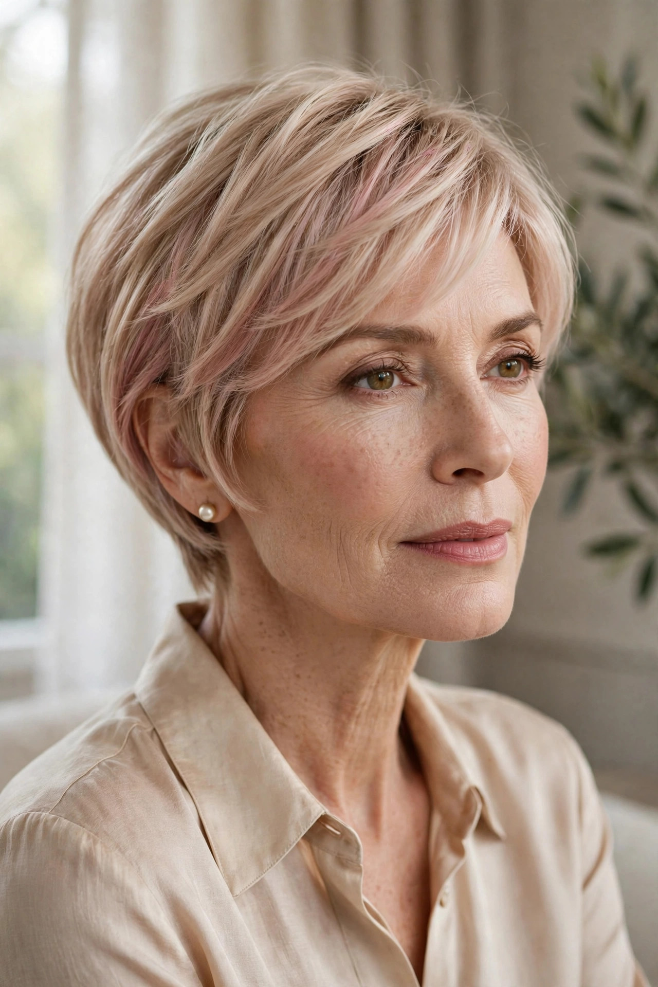 Woman in her 50s with a blush champagne pixie bob