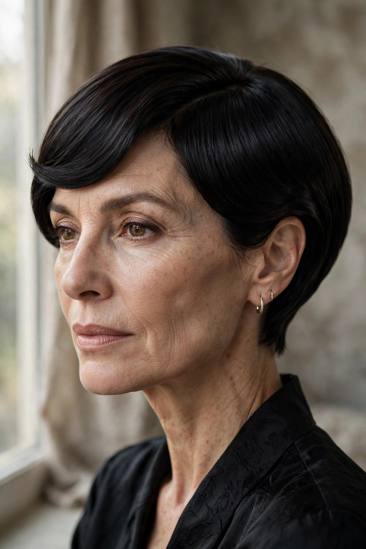 Woman in her 50s with a midnight espresso pixie bob