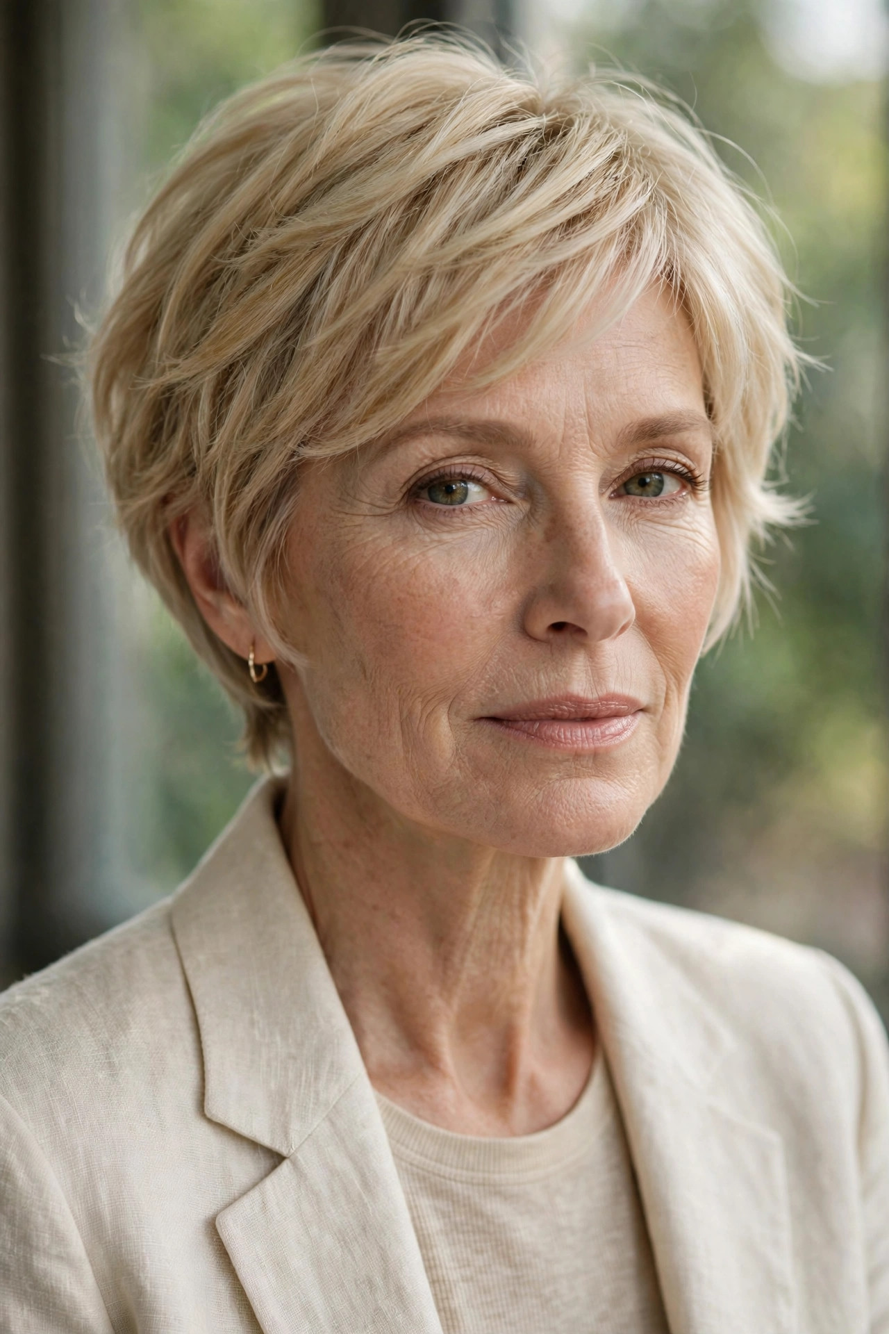 Woman in her 50s with a flaxen pixie bob