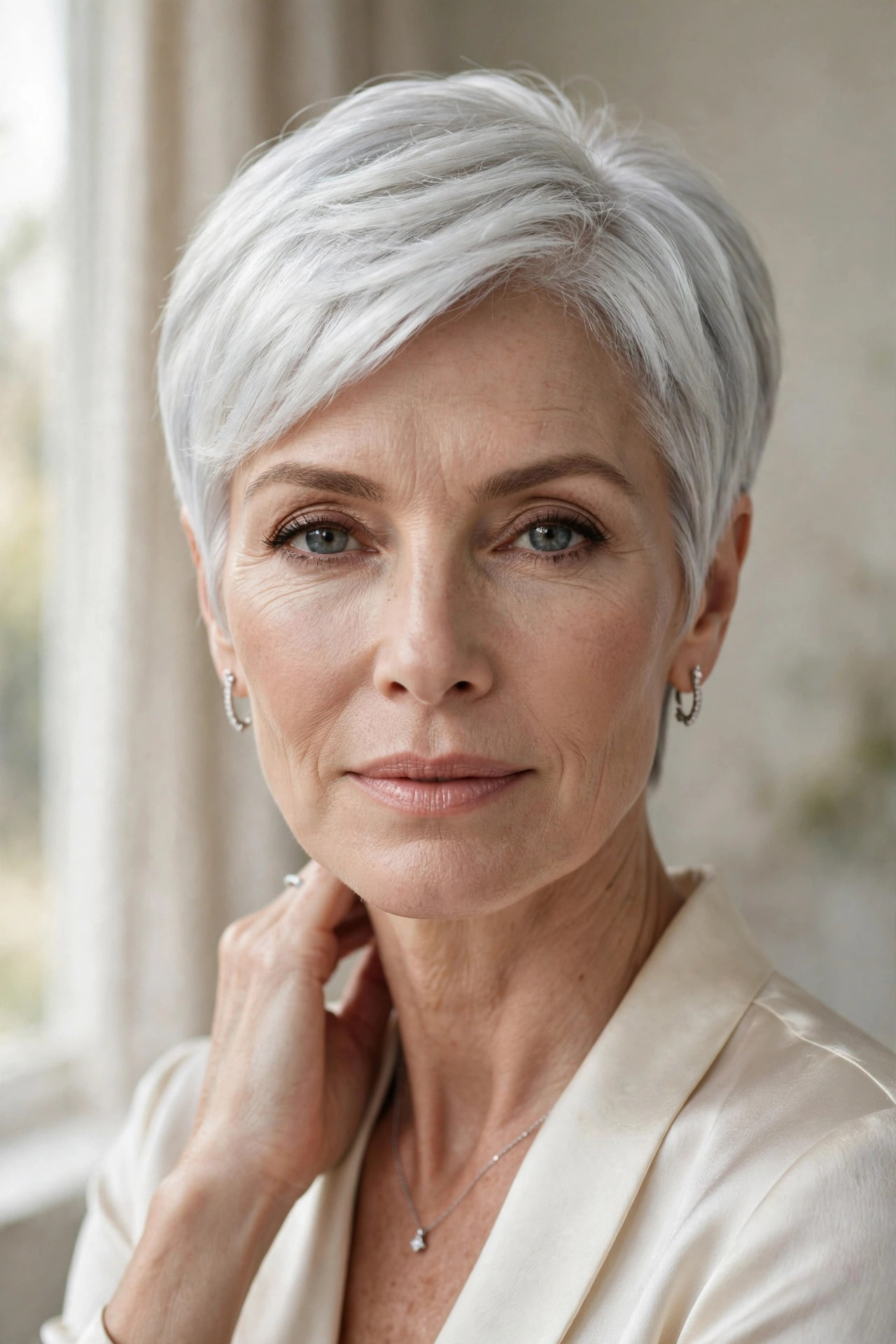 Woman in her 50s with a sterling silver pixie bob
