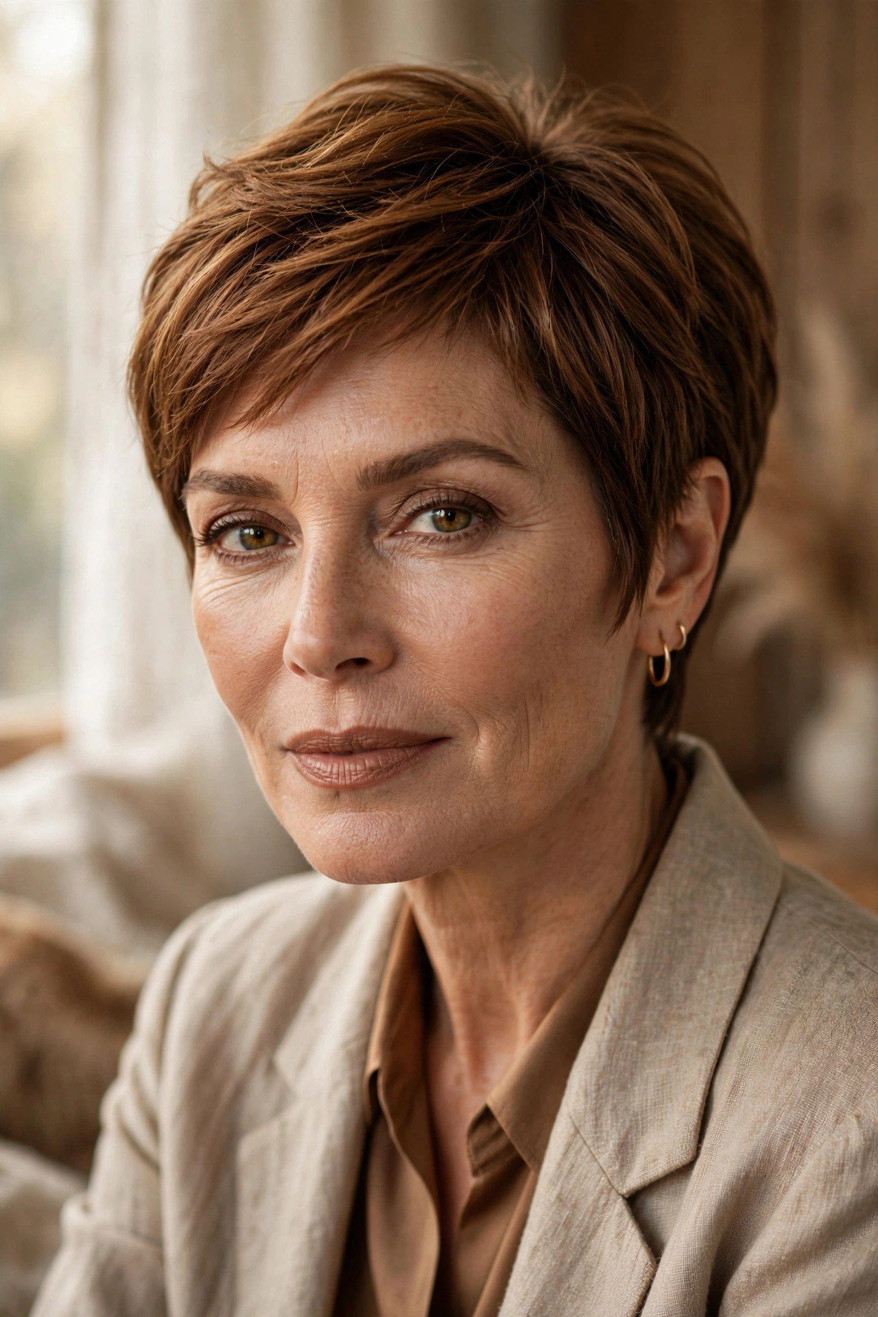 Woman in her 50s with a nutmeg warm pixie bob