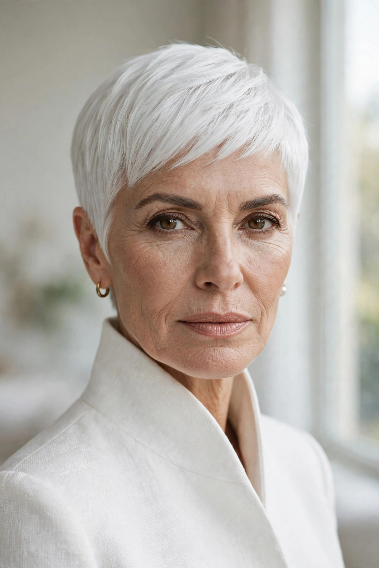 Woman in her 50s with a glacier white pixie bob