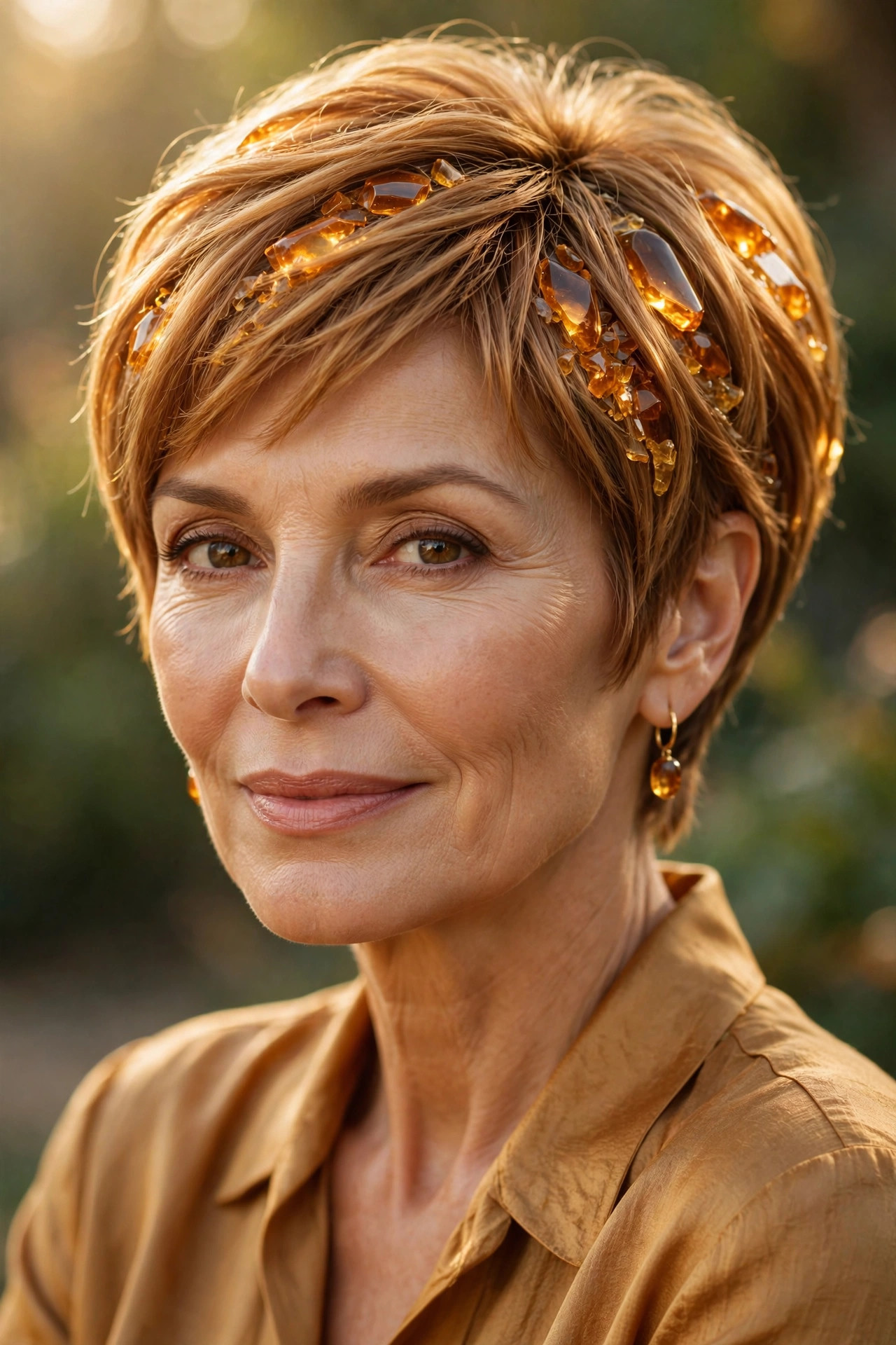 Woman in her 50s with an amber honey pixie bob