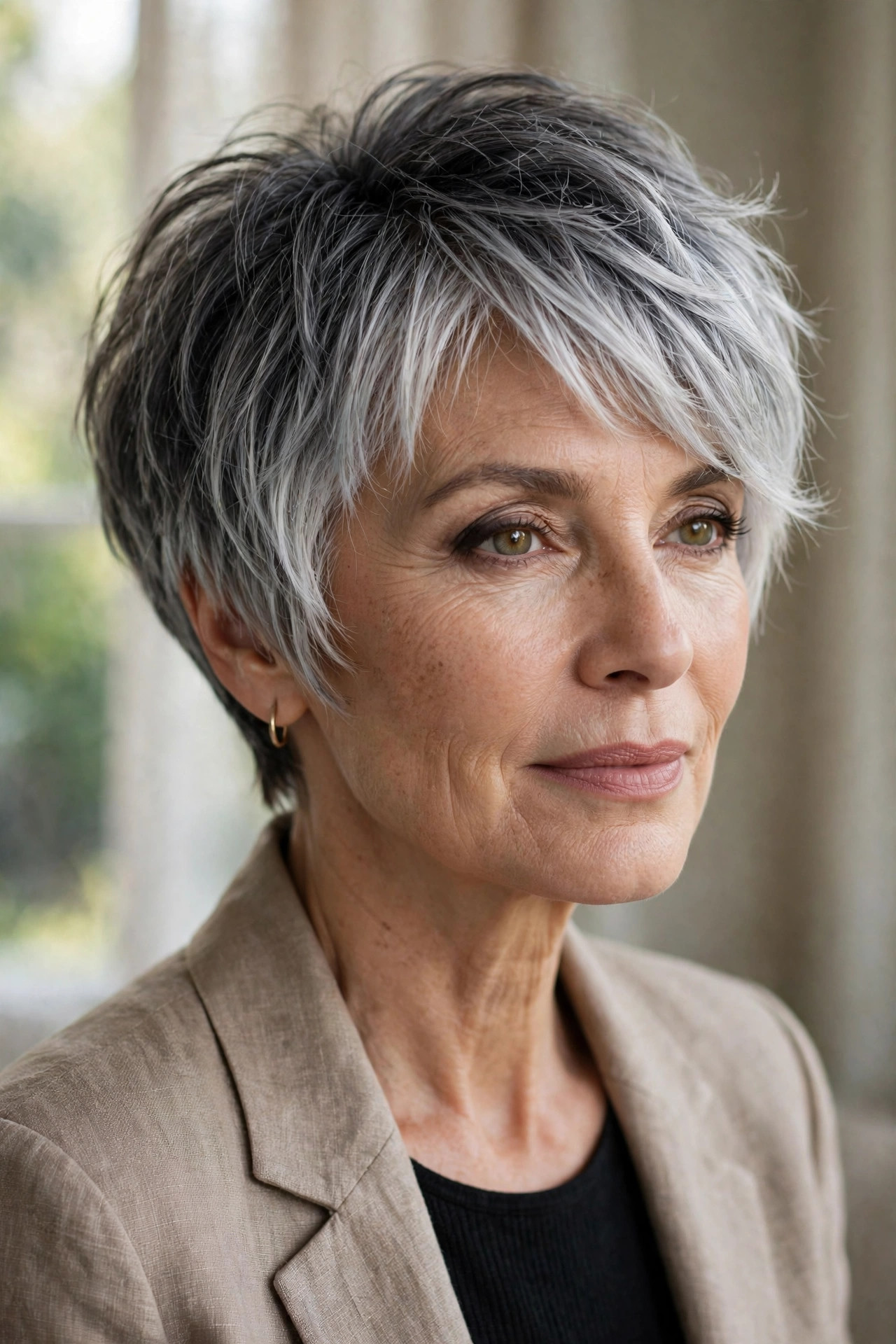 Woman in her 50s with a smoke and silver pixie bob