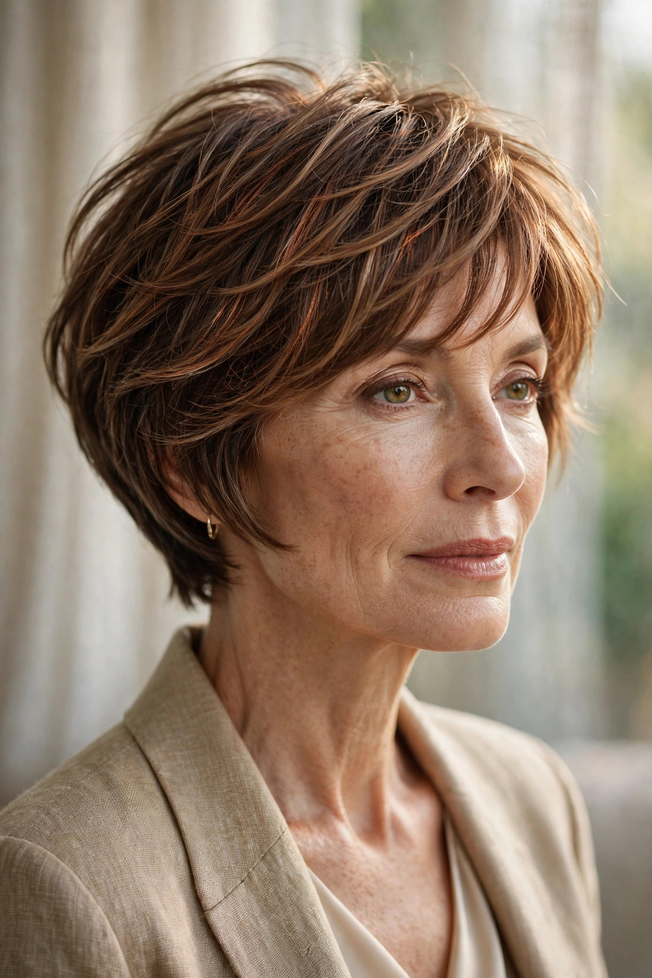 Woman in her 50s with a cinnamon veil pixie bob