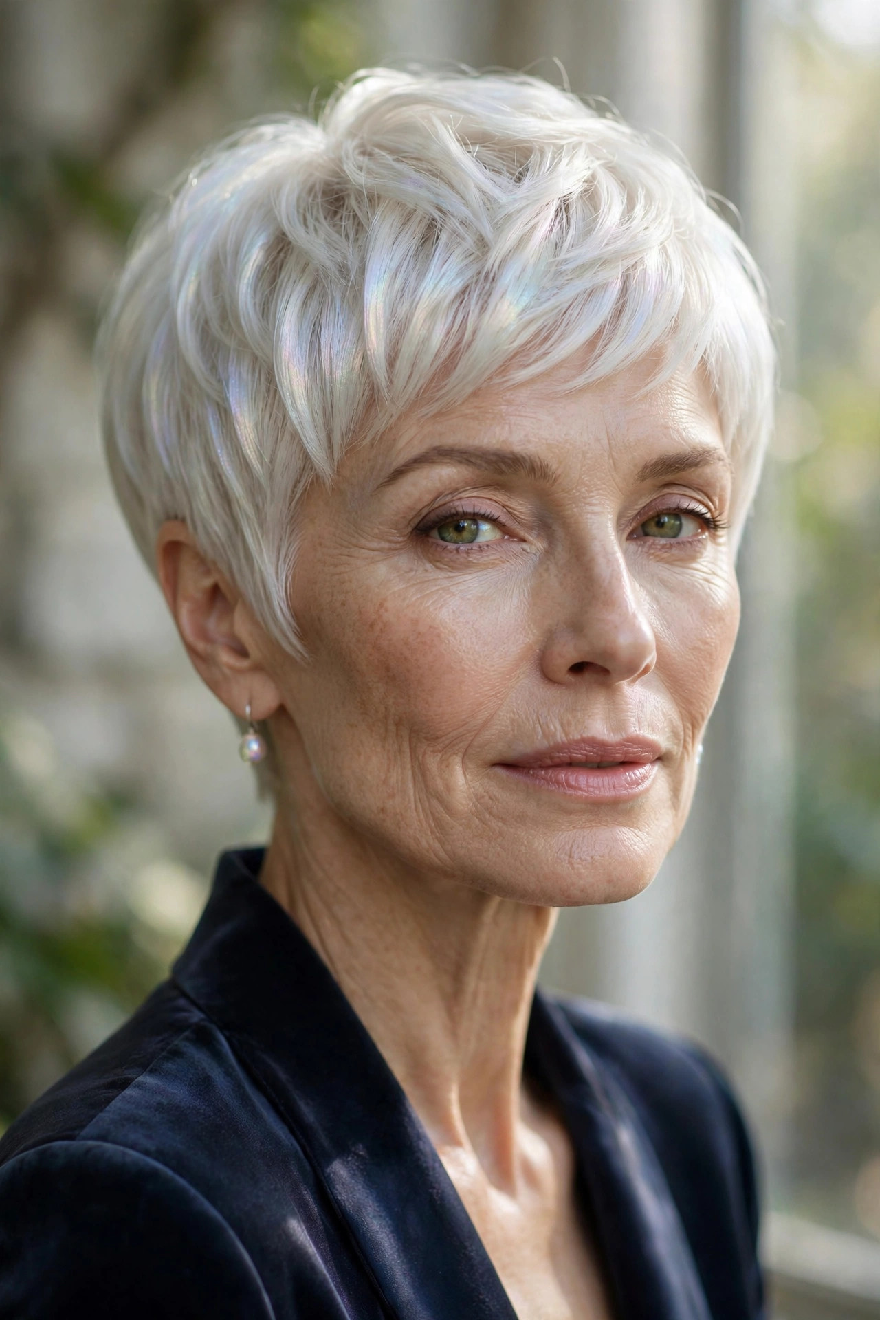 Woman in her 50s with a pearlized platinum pixie bob