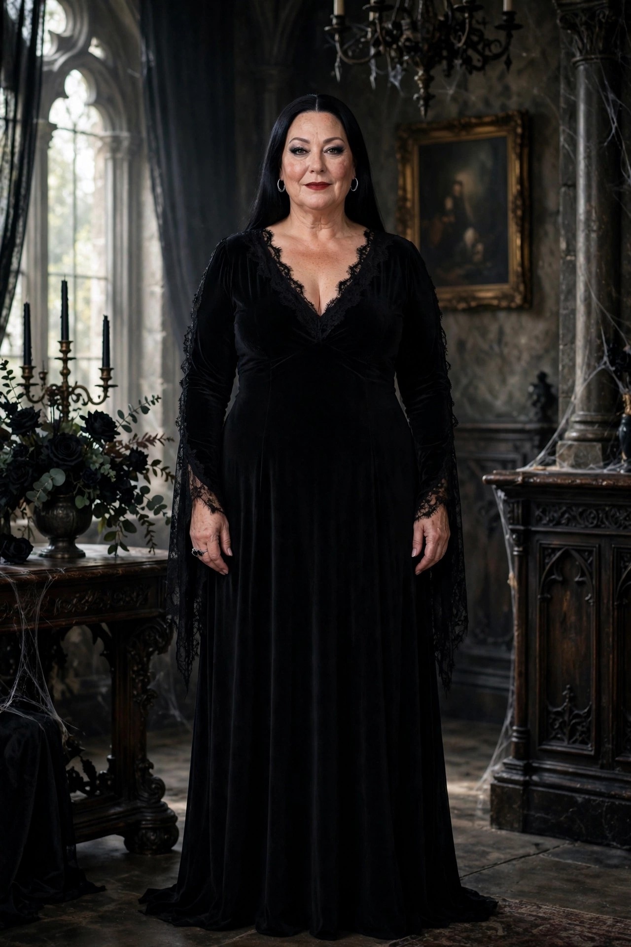 Plus-size woman over 50 in a black V-neck maxi dress as Morticia Addams Halloween costume