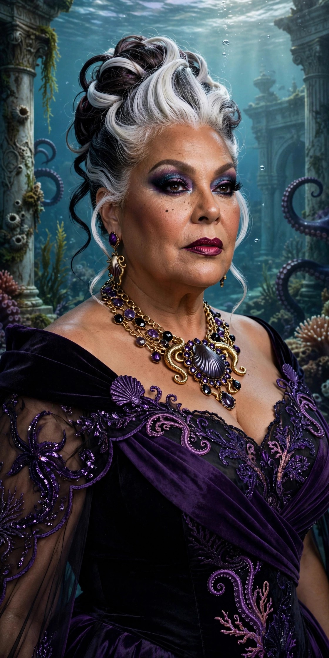 Plus-size woman over 50 in purple and black gown as Ursula the sea witch Halloween costume