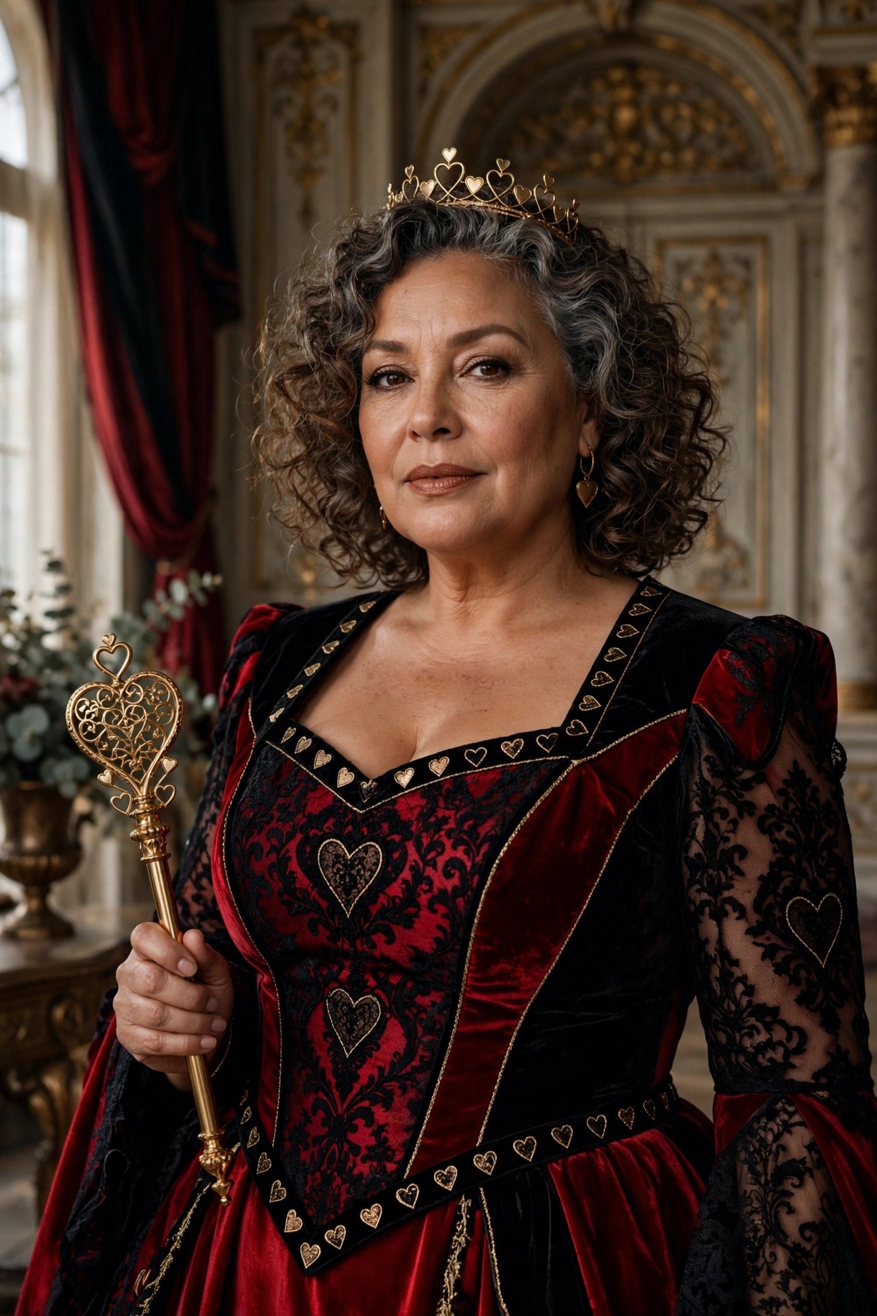 Plus-size woman over 50 in red and black gown with heart crown as Queen of Hearts costume